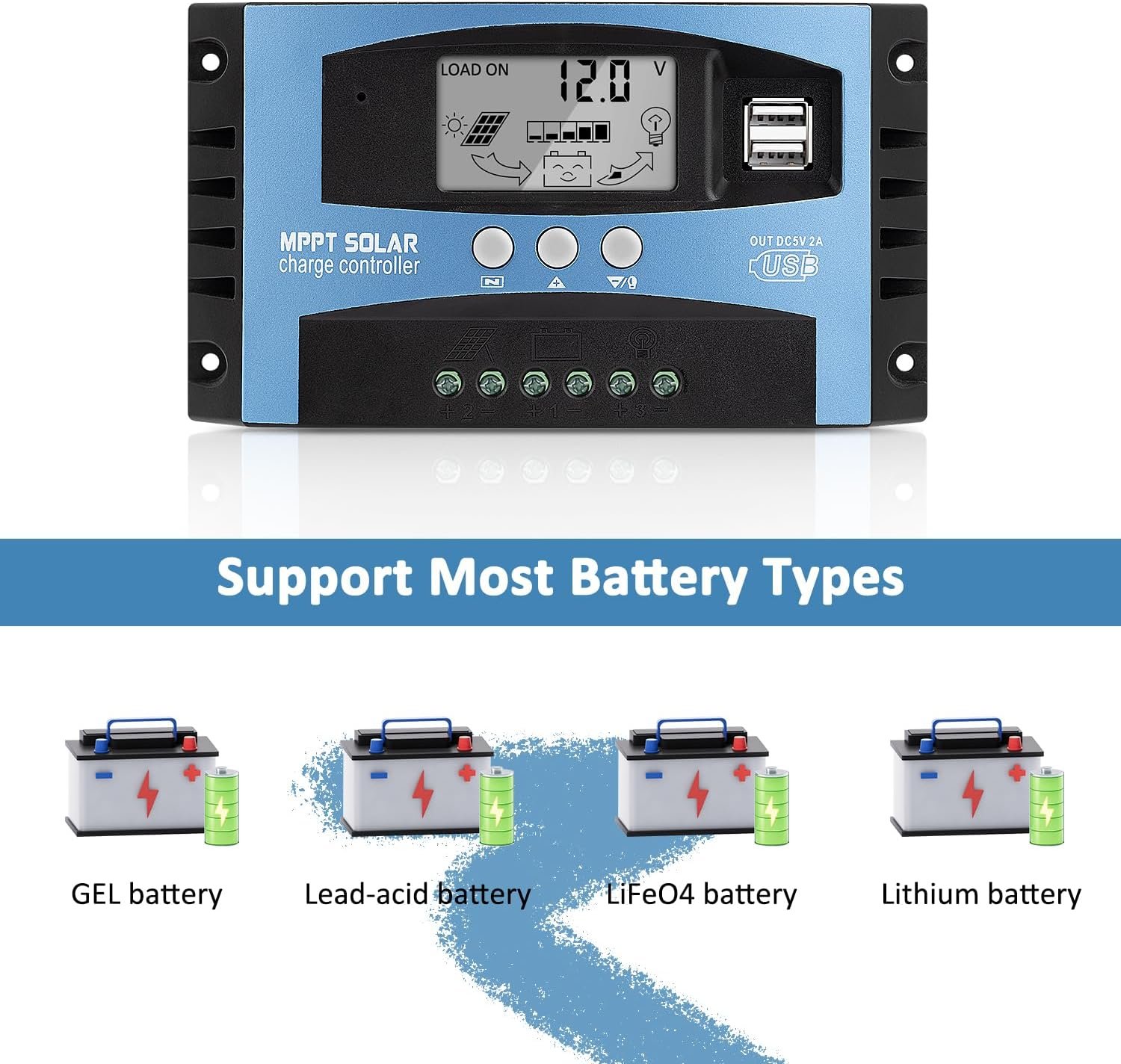 100A MPPT Solar Panel Charging Controller, 12V/24V Auto Solar Battery Charger Controller with LCD Display, Dual USB Port and Timer Setting ON/Off Hours - Image 3