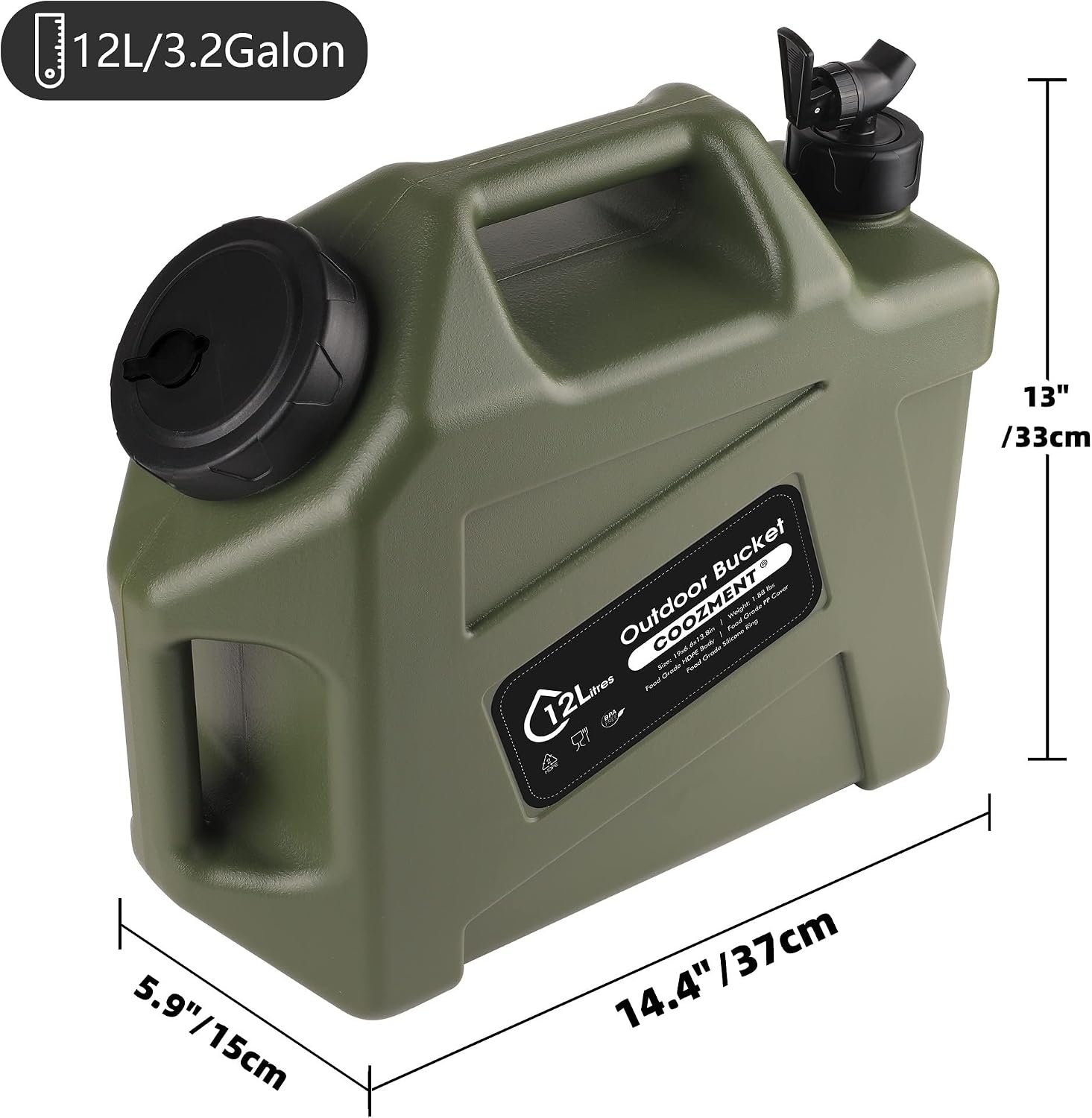 COOZMENT 3.2 Gallon/5 Gallon Water Containers with Spigot, BPA Free Water Jug, Military Green Water Tank, Multifunction Water Storage Containers for Camping Outdoor Hiking,Emergency Storage - Image 3