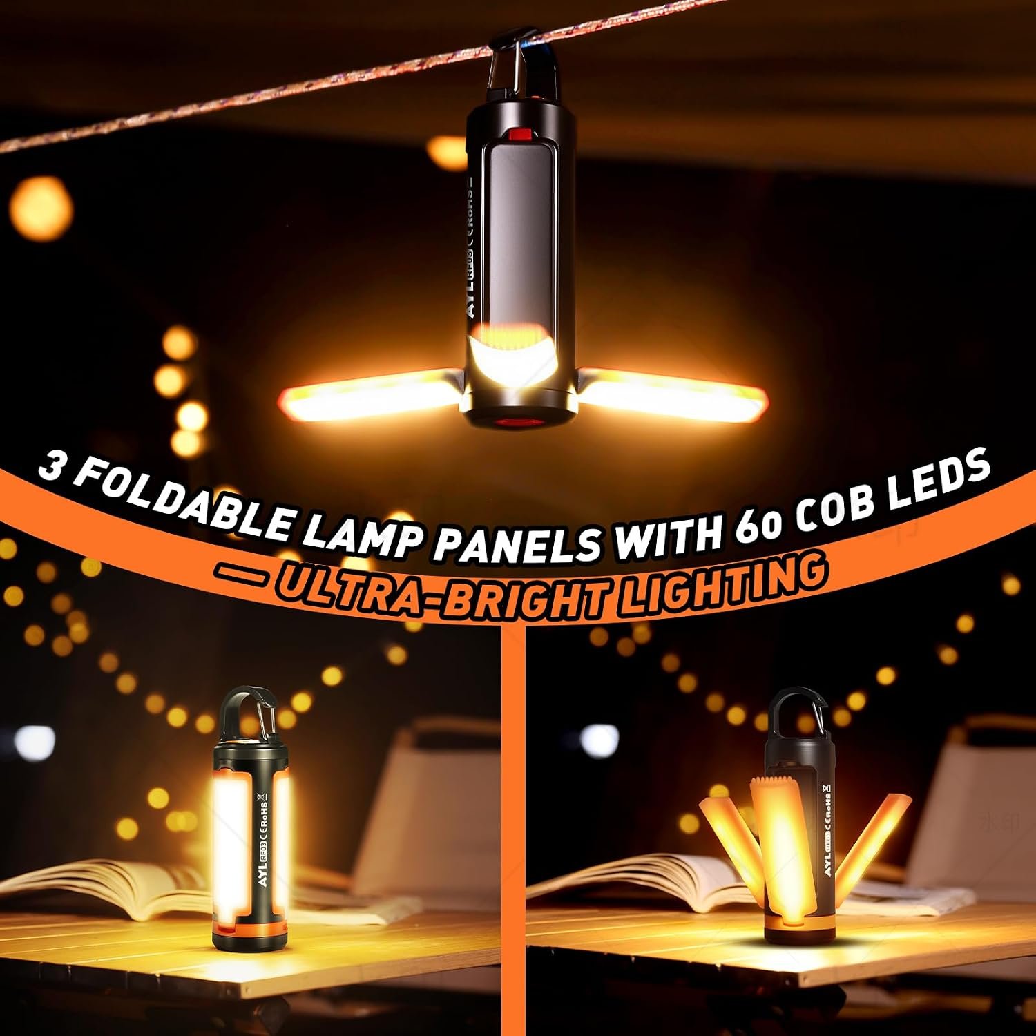 Portable LED Rechargeable Camping Lantern, AYL Lightweight USB Rechargeable Lamp LED Flashlight Survival Gear for Home Emergency Light Outdoor Lanterns for Power Outages Hurricane Lamp 3-Pack - Image 8