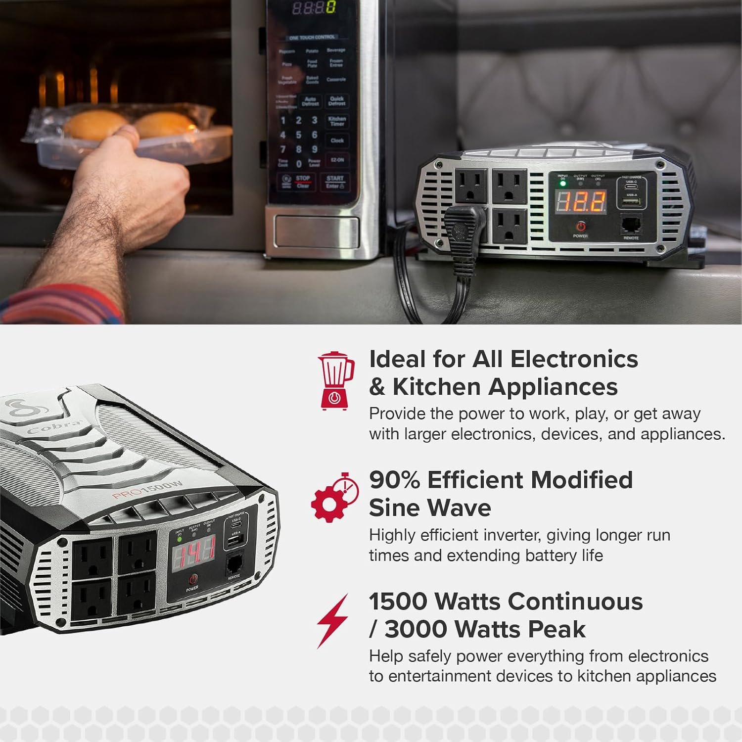 Cobra PRO 1500W Professional Grade Power Inverter, Portable – 1500-Watt Car Charger, 4 Grounded AC Outlets, 2 Fast Charge USB Ports and Remote Controller (CPIALCDG1) Compatible - Image 3