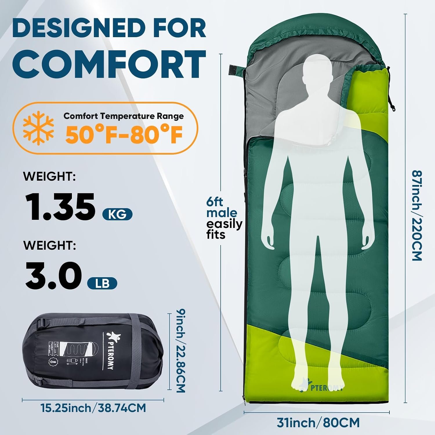 PTEROMY Sleeping Bags for Adults, Lightweight and Machine Washable, Water Resistant Backpacking Camping Sleeping Bag for Warm Cold Weather, Camping Essentials for Hiking Travel - Image 2