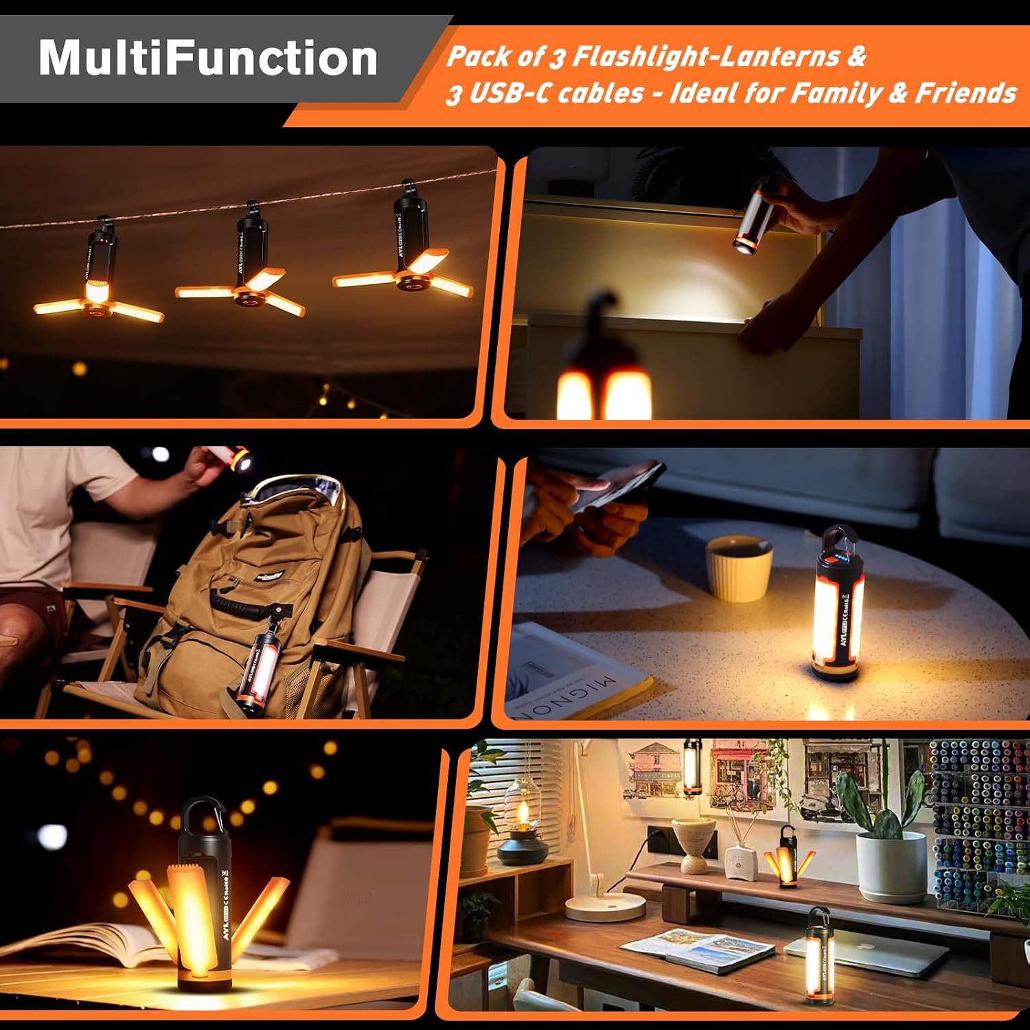 Portable LED Rechargeable Camping Lantern, AYL Lightweight USB Rechargeable Lamp LED Flashlight Survival Gear for Home Emergency Light Outdoor Lanterns for Power Outages Hurricane Lamp 3-Pack - Image 6