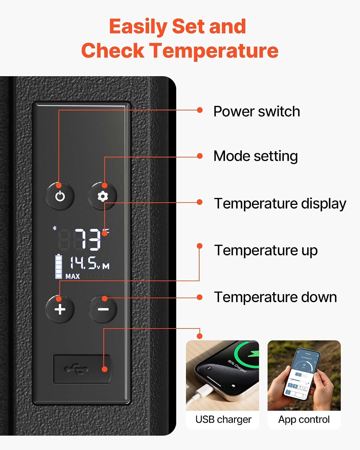 VEVOR 12V Car Refrigerator 10 QT, Portable Mini Freezer with APP Control, -4℉ to 68℉, 12/24V DC & 110-220V AC Compressor Cooler for Travel, Camping, Home, Road Trip - Image 4