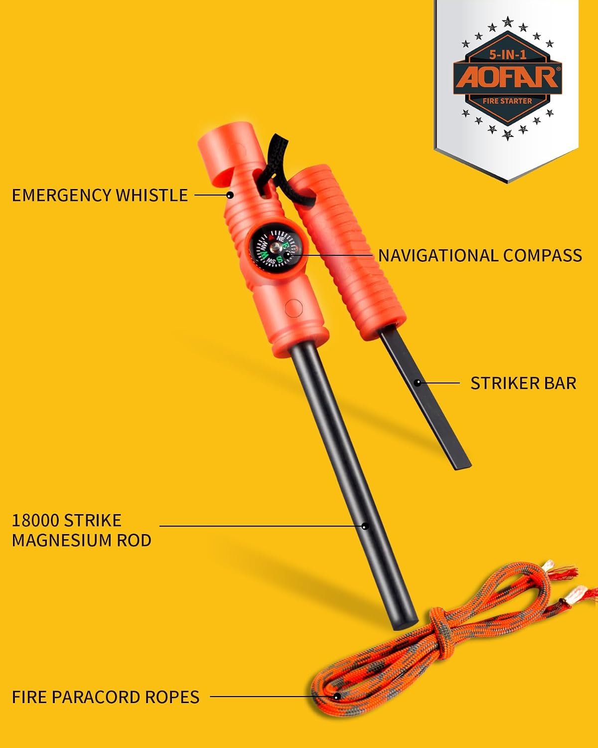 AOFAR Fire Starter AF-381/AF-381plus Fire Steel with Paracord and Whistle for Camping, Hiking, Hunting, Backpacking, Boating, Emergency Rescue… - Image 2