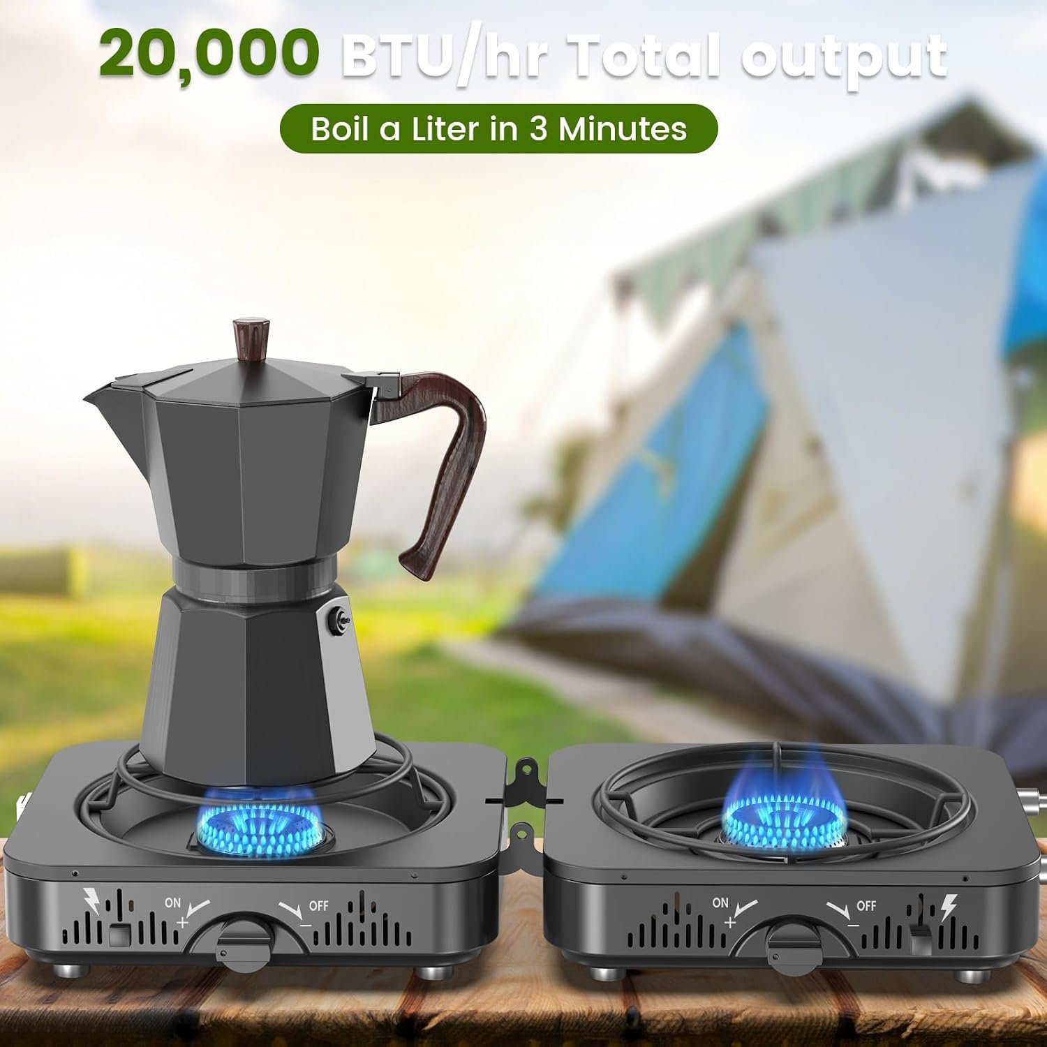2 Burner Propane Camping Stove, 20000 BTU Foldable Portable Camp Stove with Piezo Ignition & Adjustable Burners, Outdoor Gas Cooker with Carry Bag for Camping, RV, Tailgating & Emergency Use - Image 3