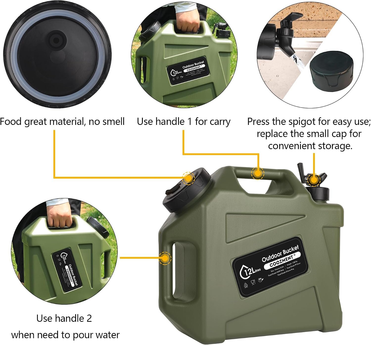 COOZMENT 3.2 Gallon/5 Gallon Water Containers with Spigot, BPA Free Water Jug, Military Green Water Tank, Multifunction Water Storage Containers for Camping Outdoor Hiking,Emergency Storage - Image 5