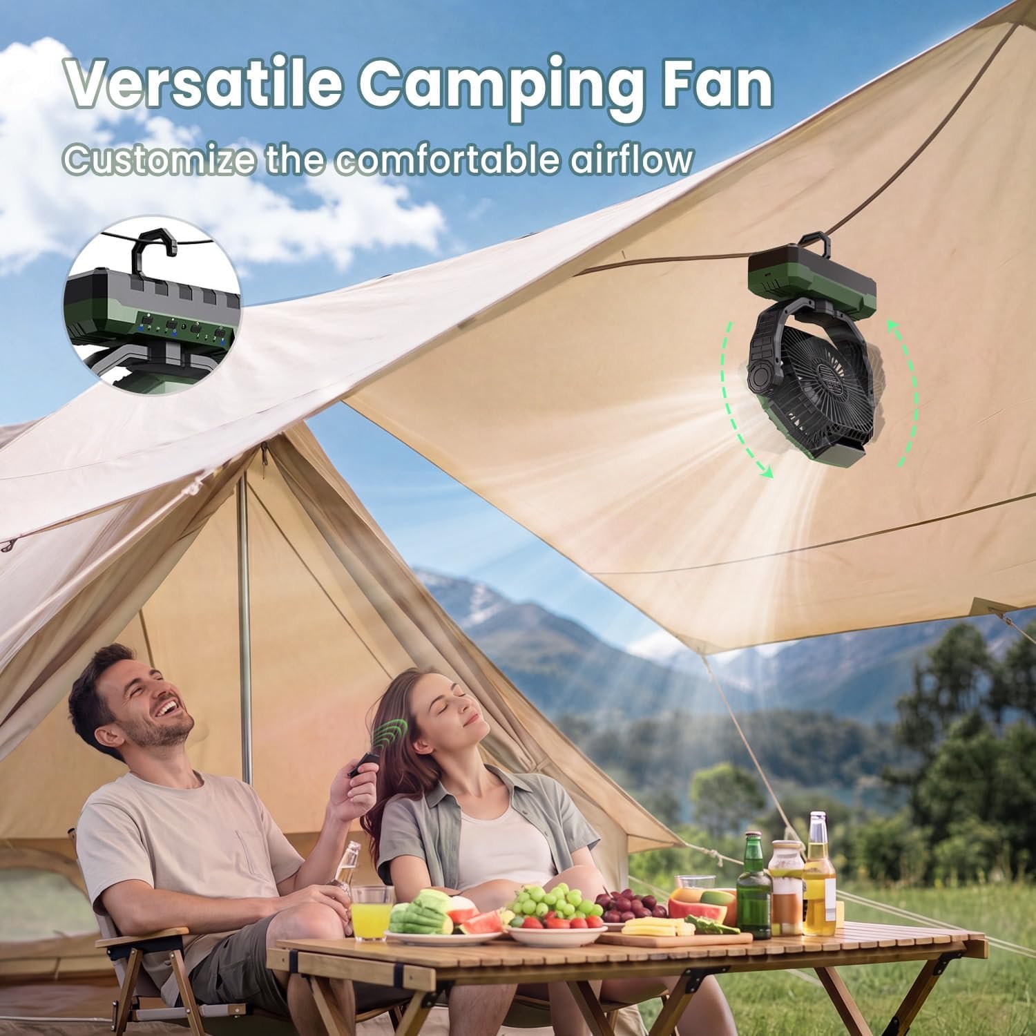 FRIZCOL 3-in-1 Camping Fan - Portable Fans Rechargeable - 24000mAh Battery Powered Fan with Light & Remote for Indoor, Outdoor, Tent, Travel, Fishing, Jobsite, Gifts for Men Dad Him - Green - Image 5