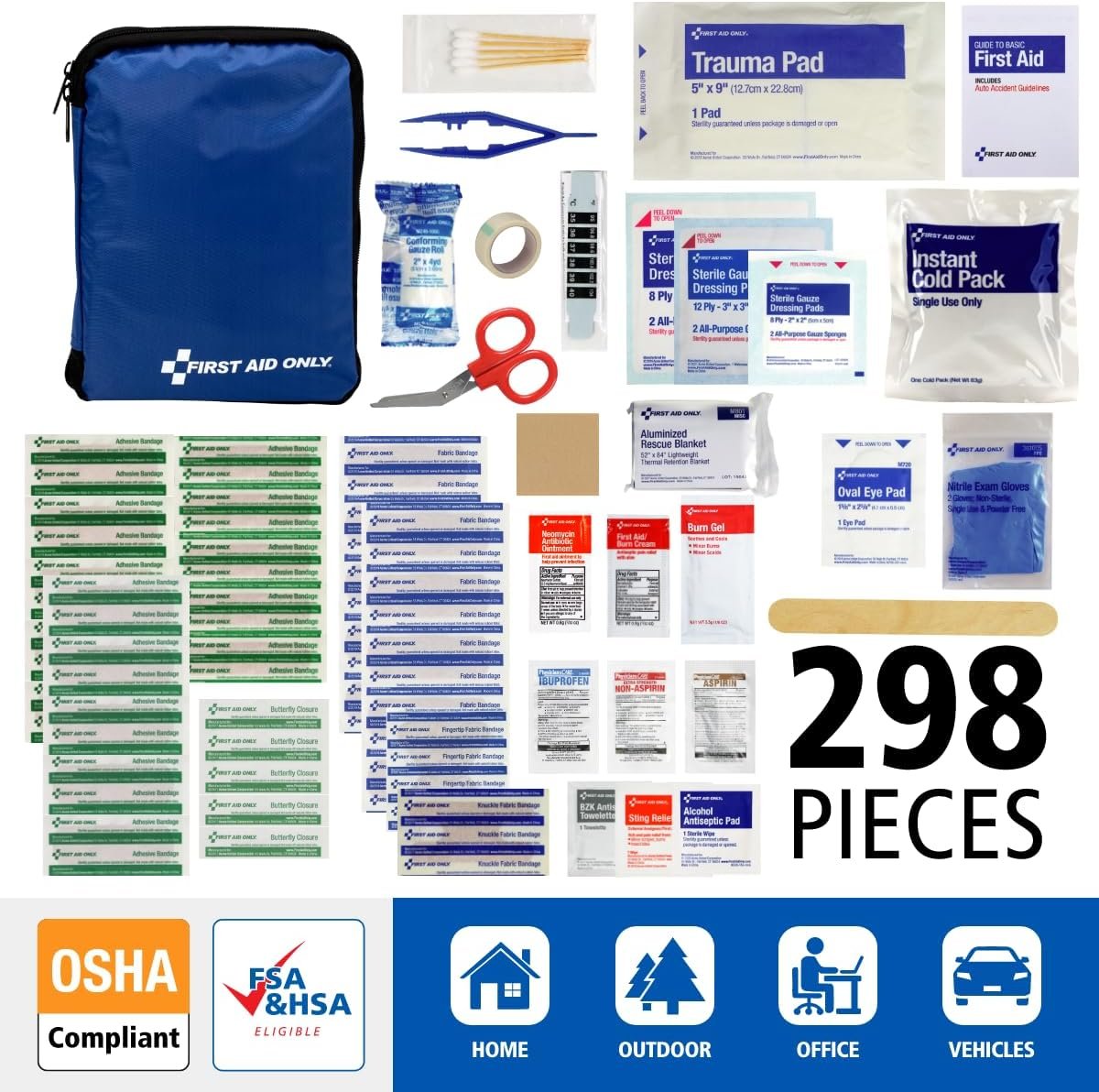 First Aid Only 298 Piece All-Purpose Emergency First Aid Kit for Home, Office, Car, Apartment, Dorm, and Camping, Travel-Friendly Compact Pouch Fits in Backpacks, Suitcases, Cabinets, and Drawers - Image 2