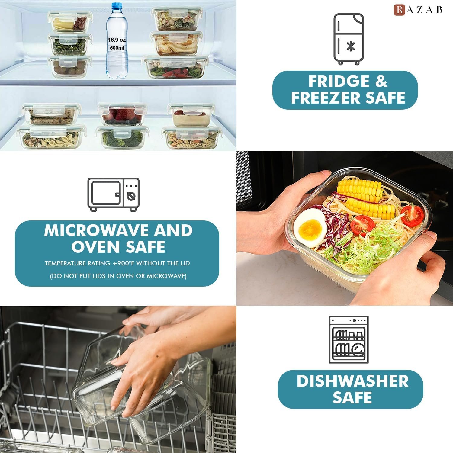 Razab 24 Pc Airtight Glass Food Storage Containers - Glass Meal Prep Containers - Freezer to Oven Safe - Steam Release Valve BPA Free - Airtight Bento Boxes - Leak Proof (12 lids & 12 Containers) - Image 4