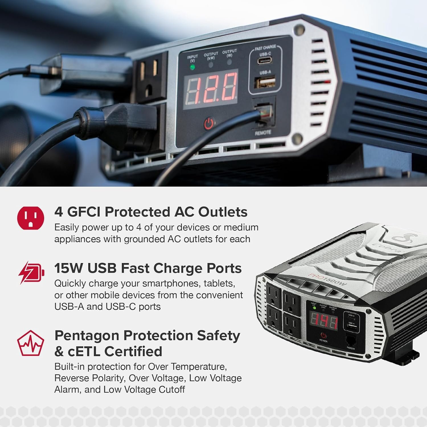 Cobra PRO 1500W Professional Grade Power Inverter, Portable – 1500-Watt Car Charger, 4 Grounded AC Outlets, 2 Fast Charge USB Ports and Remote Controller (CPIALCDG1) Compatible - Image 4