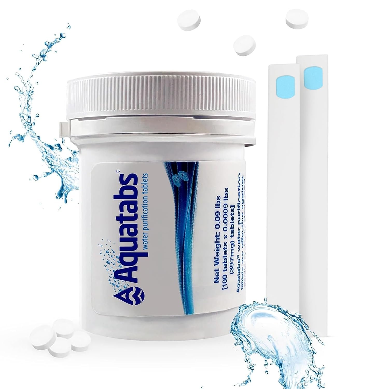 Aquatabs Water Purification Tablets for Drinking - 100 Tablets + 2 Chlorine Test Strips - Water Purifier Starter Kit - for Boat and RV Tanks - By Aquamarine Water Solutions