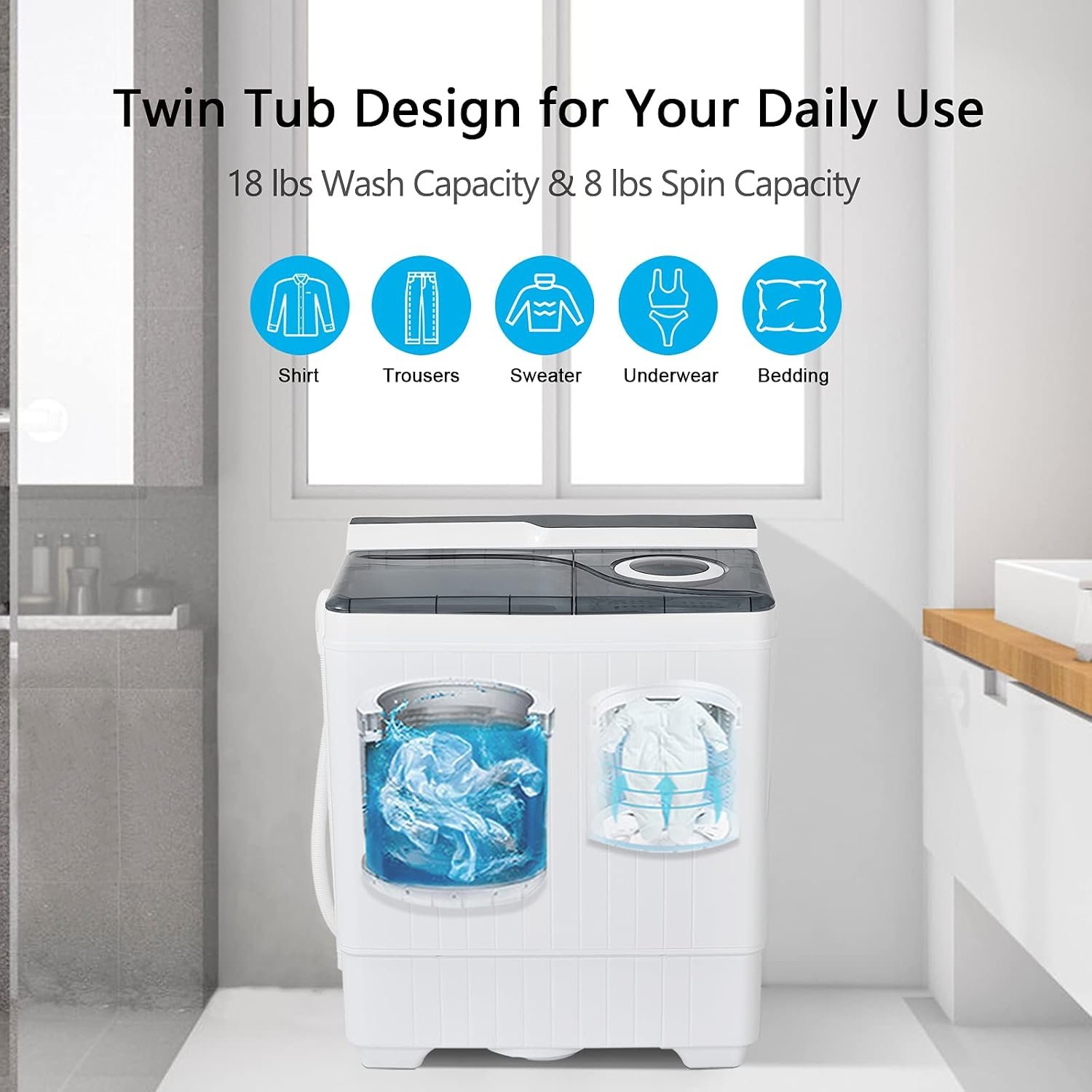 COSTWAY Portable Washing Machine, Twin Tub 26 Lbs Capacity, 18 Lbs Washer and 8 Lbs Spinner, Compact Washer with Control Knobs, Timer Function, Drain Pump, Laundry washer for Apartment RV, Grey - Image 3