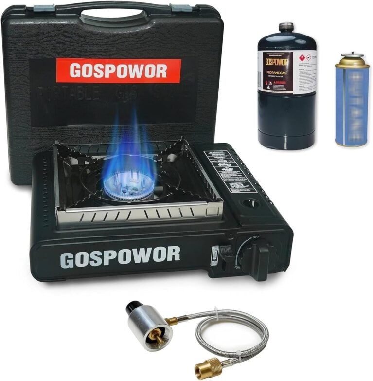 Propane or Butane Stove with Windblocker,Dual Fuel 10,000 BTU Propane Stove for Camping, Automatic Ignition Gas Portable Stove with Propane Adapter Hose Carrying Case for Outdoor (Fuel Not Included)