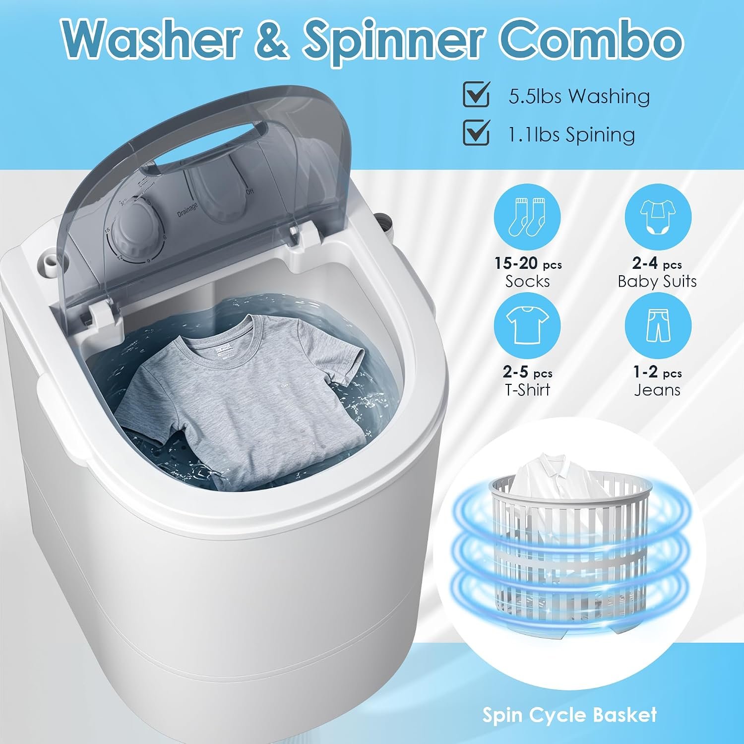 INTERGREAT Portable Washing Machine, 5.5 Lbs Mini Washer Machine Compact, 110V Single Tub Portable Laundry Washer Machine for Apartments, Dorms, Traveling, RV, Grey - Image 5