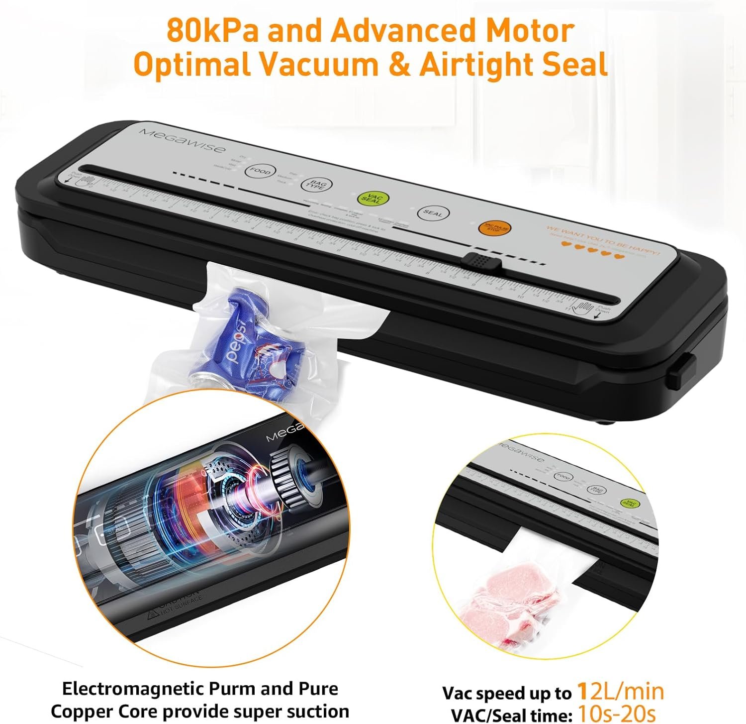 Updated Vacuum Sealer Machine 2025, MEGAWISE Food Sealer w/Starter Kit, Dry & Moist Food Modes, Compact Design with 10 Vacuum Bags & Built-in Cutter (Grey) - Image 2