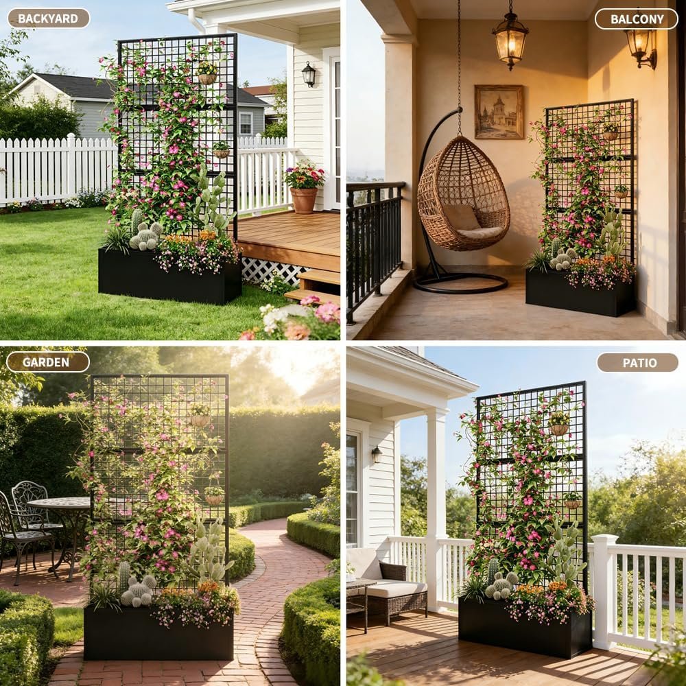 Privacy Planters for Patio – Metal Raised Garden Bed with Trellis and Privacy Screen, 71" x 35" x 16" Planter Box with Drainage Holes for Climbing Plants, Vegetables, and Vines, Outdoor Backyard Black - Image 7