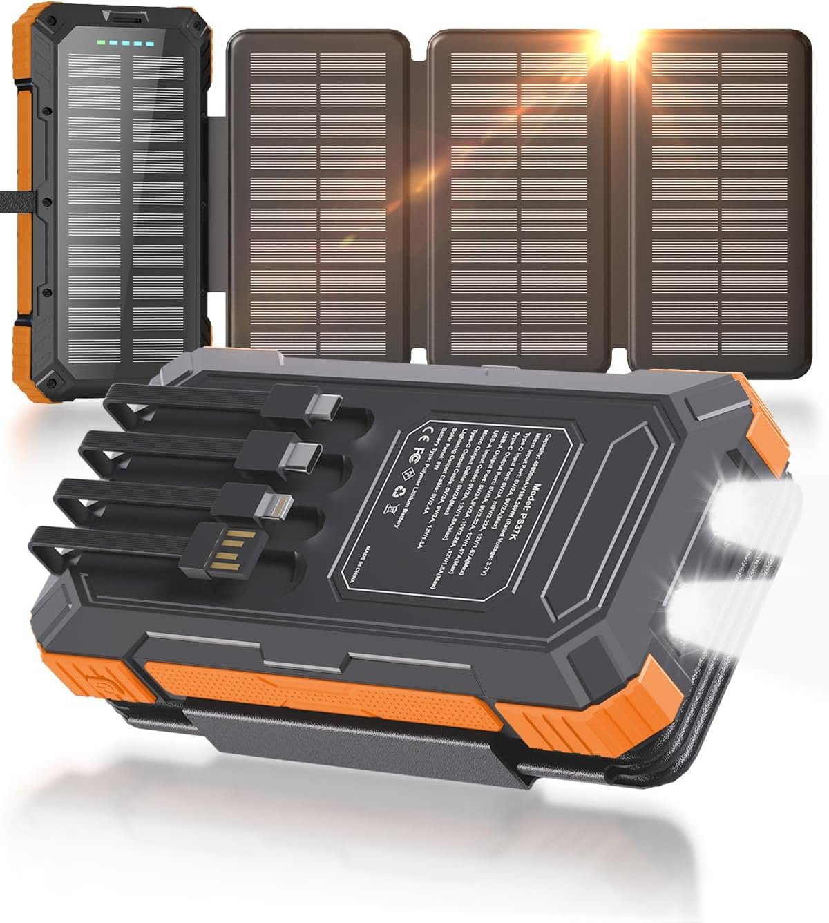 Solar Charger Power Bank 49800mAh with 4 Built-in Cables & 4 Foldable Panels, 22.5W Fast Portable Phone Charger, External Battery Pack with USB-C in/Output & Flashlight for Outdoor Camping