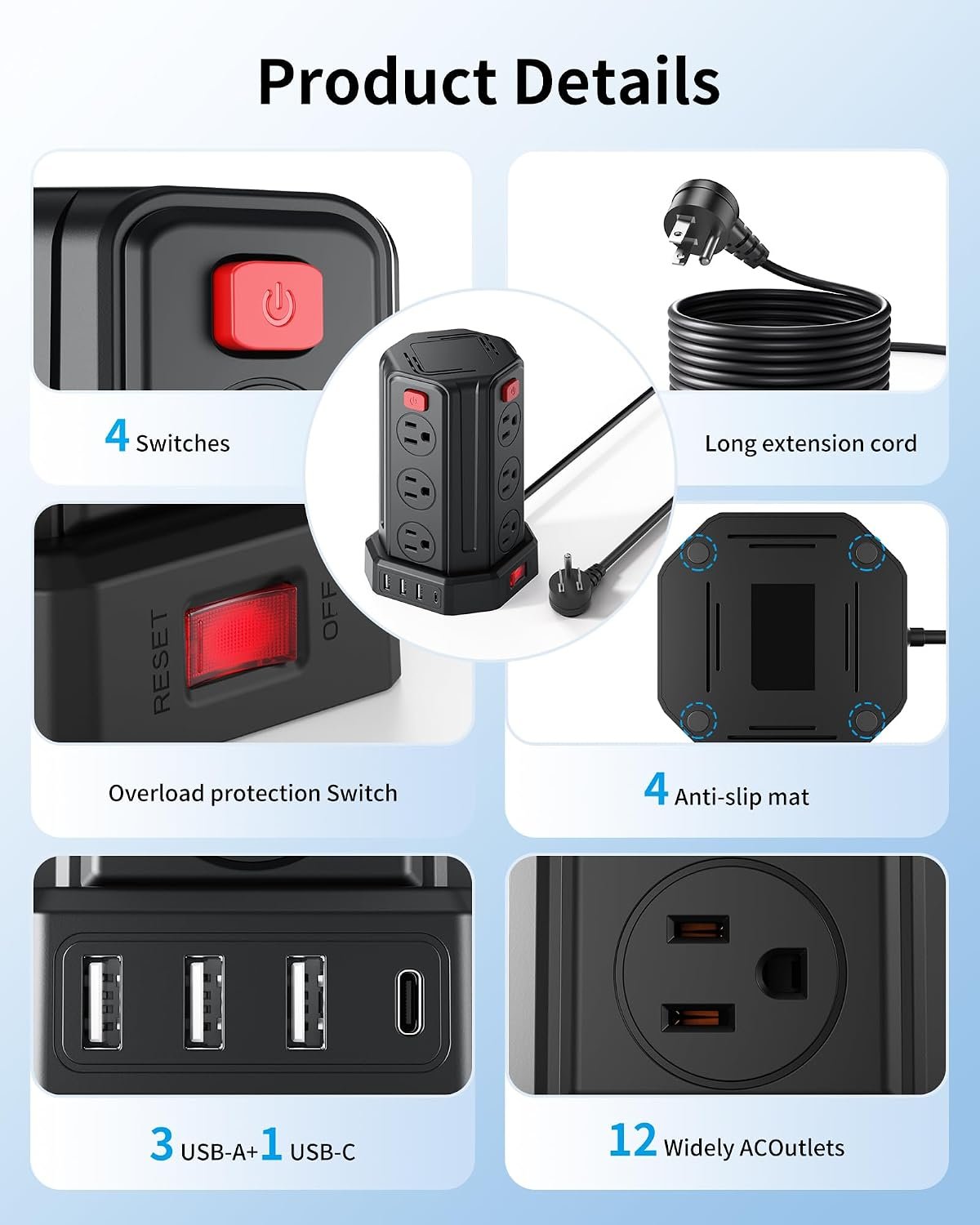 Power Strip 6.5 Ft Extension Cord with 12 AC Multiple Outlets 4 USB (1 USB C), SMALLRT Power Strip Tower Desktop Charging Station for Home Office College Dorm Essentials - Image 3