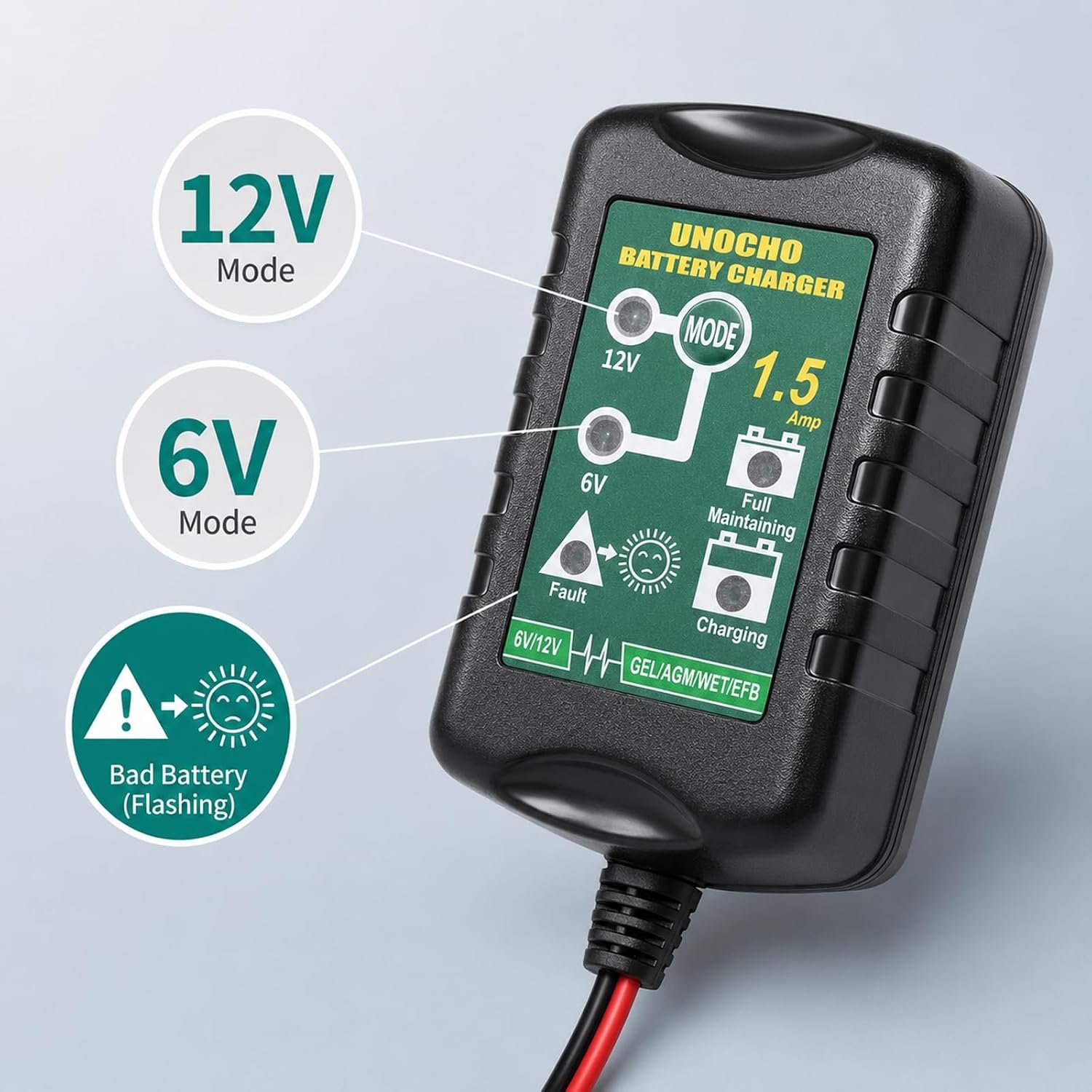 Unocho 6V/12V Battery Charger Maintainer 1.5A Automatic Trickle Charger Smart Float Charger for Car Motorcycle Lawn Mower Boat ATV Snowmobile Lead-Acid AGM GEL SLA VRLA WET Batteries - Image 8