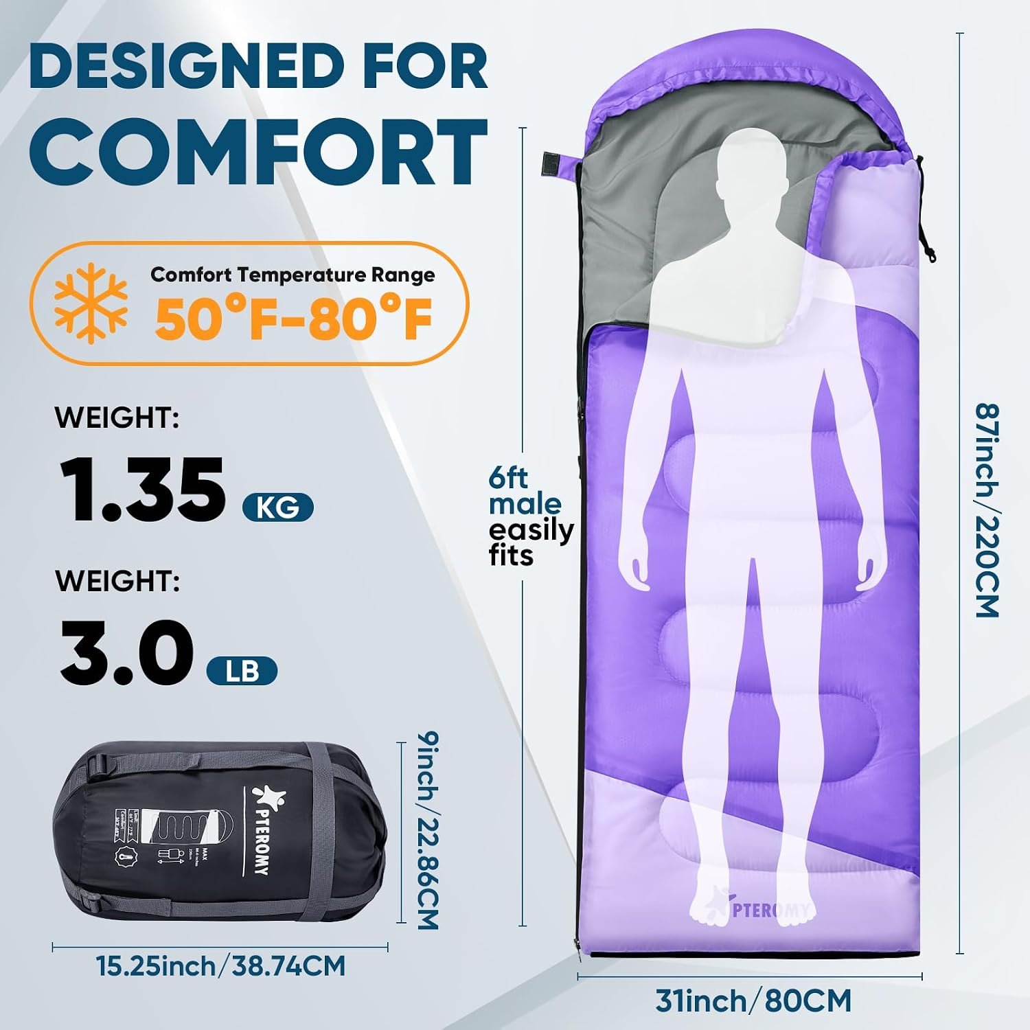 PTEROMY Sleeping Bags for Adults, Lightweight and Machine Washable, Water Resistant Backpacking Camping Sleeping Bag for Warm Cold Weather, Camping Essentials for Hiking Travel - Image 2