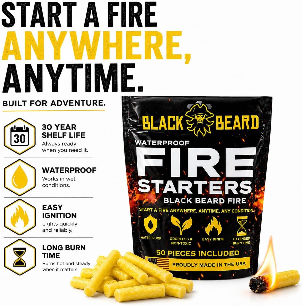 Black Beard Fire Plugs (50 Plugs) | 100% Weatherproof Fire Starter for Campfires | Can Light 50+ Fires | Extra Long Burn Time | 30 Yr Shelf Life for Emergency Survival Kits | Made in USA, Yellow - Image 2