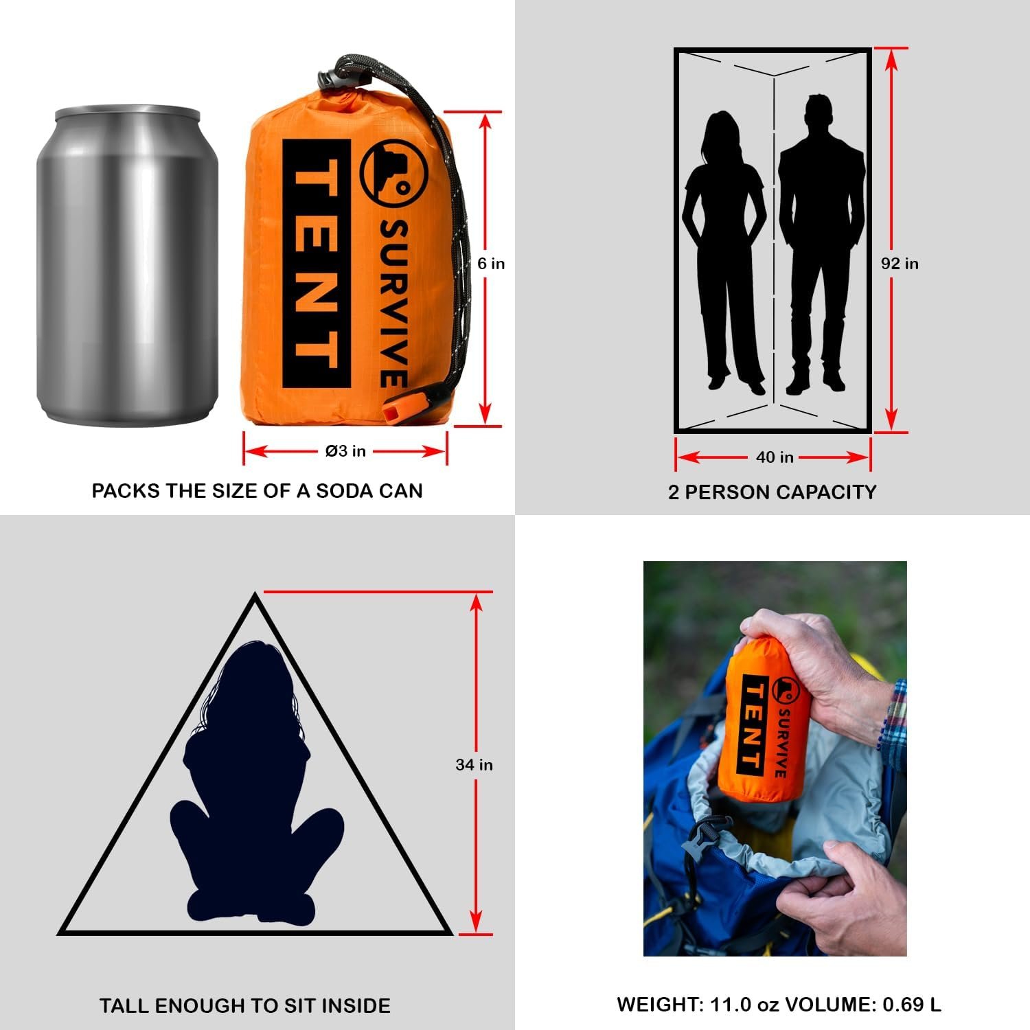 SURVIVE Survival Tent with Doors, 2 Person Mylar Emergency Camping Hiking Shelter for Survival Kits, All Weather Thermal Protection, Includes 22 ft of Paracord and Whistle - Image 2