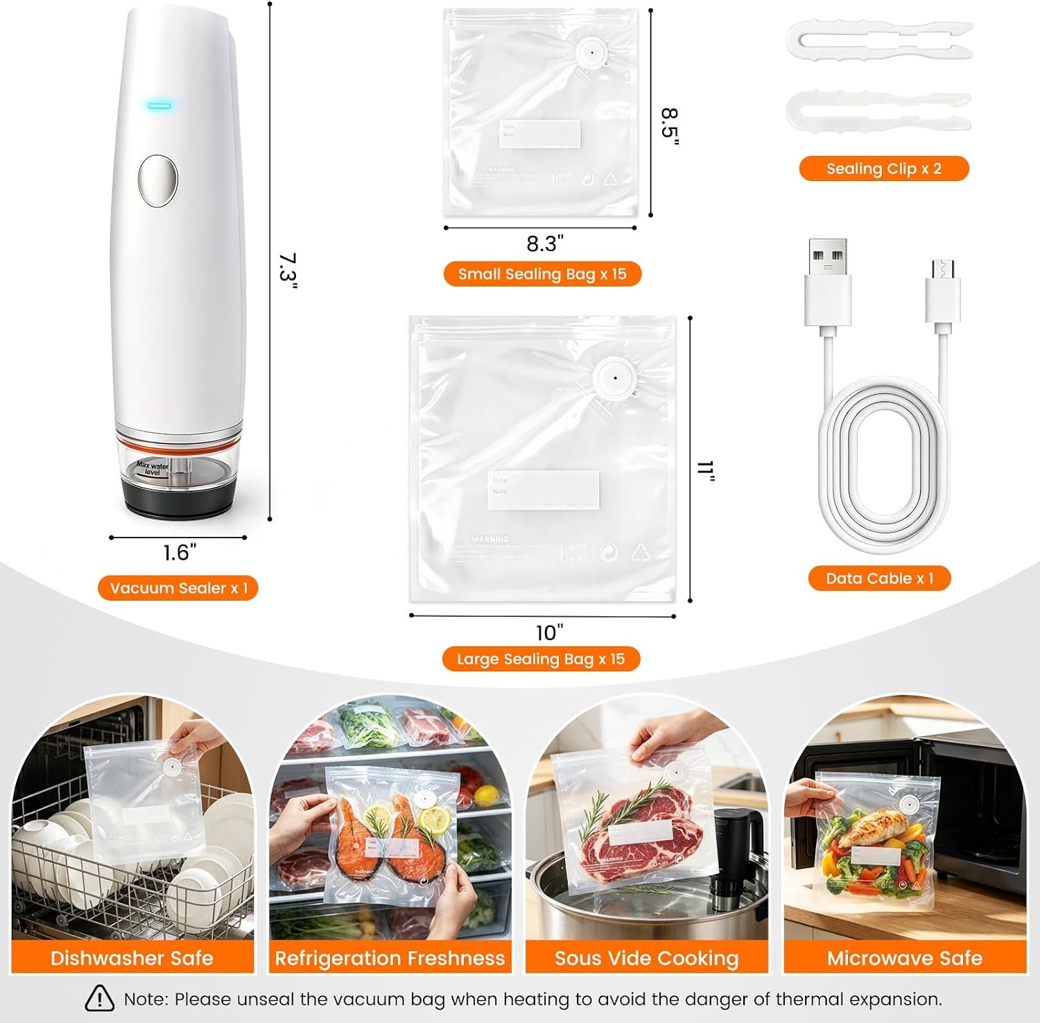 -80kPa Compact Vacuum Sealer for Food (Vacuum Sealer Machine + 30 Reusable Bags), Cordless Handheld Vacuum Sealer Machine Portable Mini Food Sealer for Sous Vide & Meal Prep-White - Image 5