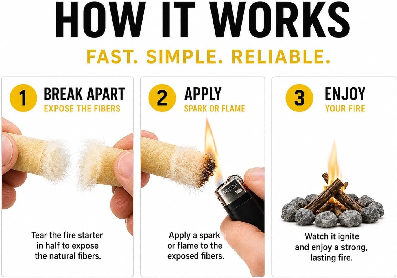 Black Beard Fire Plugs (50 Plugs) | 100% Weatherproof Fire Starter for Campfires | Can Light 50+ Fires | Extra Long Burn Time | 30 Yr Shelf Life for Emergency Survival Kits | Made in USA, Yellow - Image 5