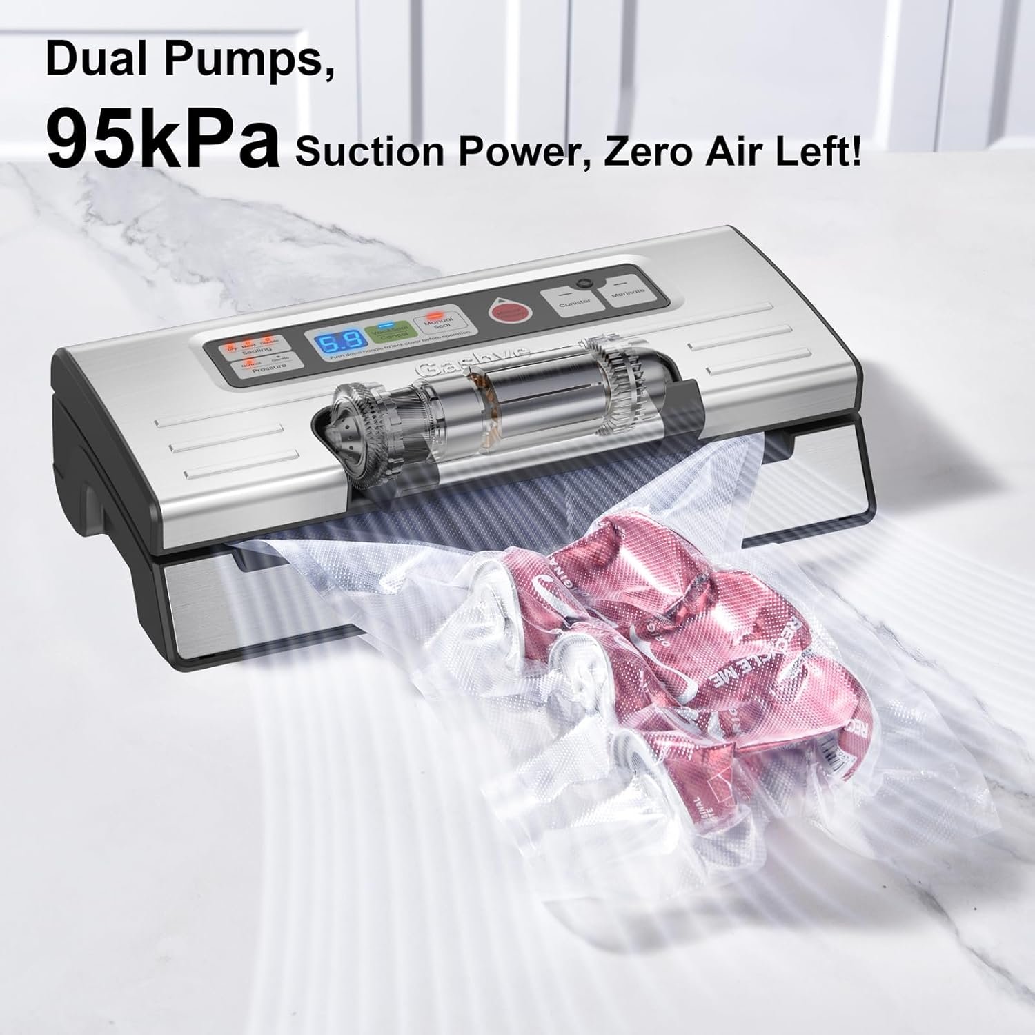 Gasbye 95kPa Precision Vacuum Sealer Machine, Double Heat Seal for Dry/Moist Food, Easy-Lock Handle, Built-in Bag Storage & Cutter, Progress Display, Pulse Mode, Removable Drip Tray, Silver - Image 3