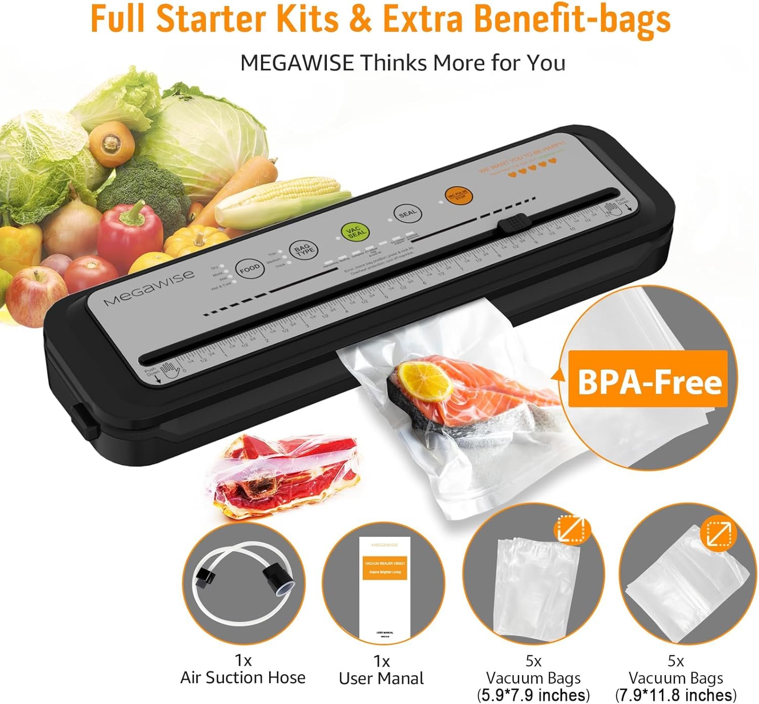 Updated Vacuum Sealer Machine 2025, MEGAWISE Food Sealer w/Starter Kit, Dry & Moist Food Modes, Compact Design with 10 Vacuum Bags & Built-in Cutter (Grey) - Image 3