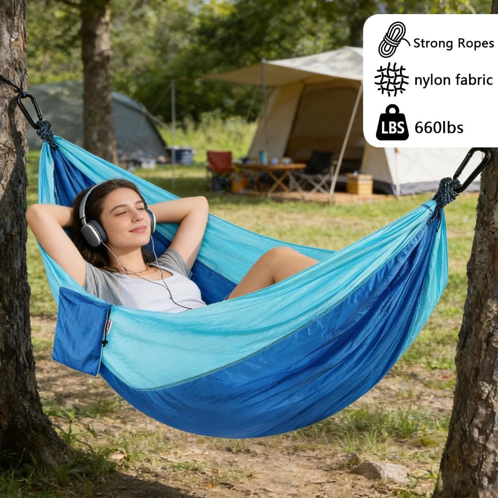 Camping Hammock, Portable Hammocks with Tree Straps & Attached Carry Bag, Travel Tree Hammocks for Outside Indoor Hiking Beach Backpack Travel(Blue, Nylon) - Image 2