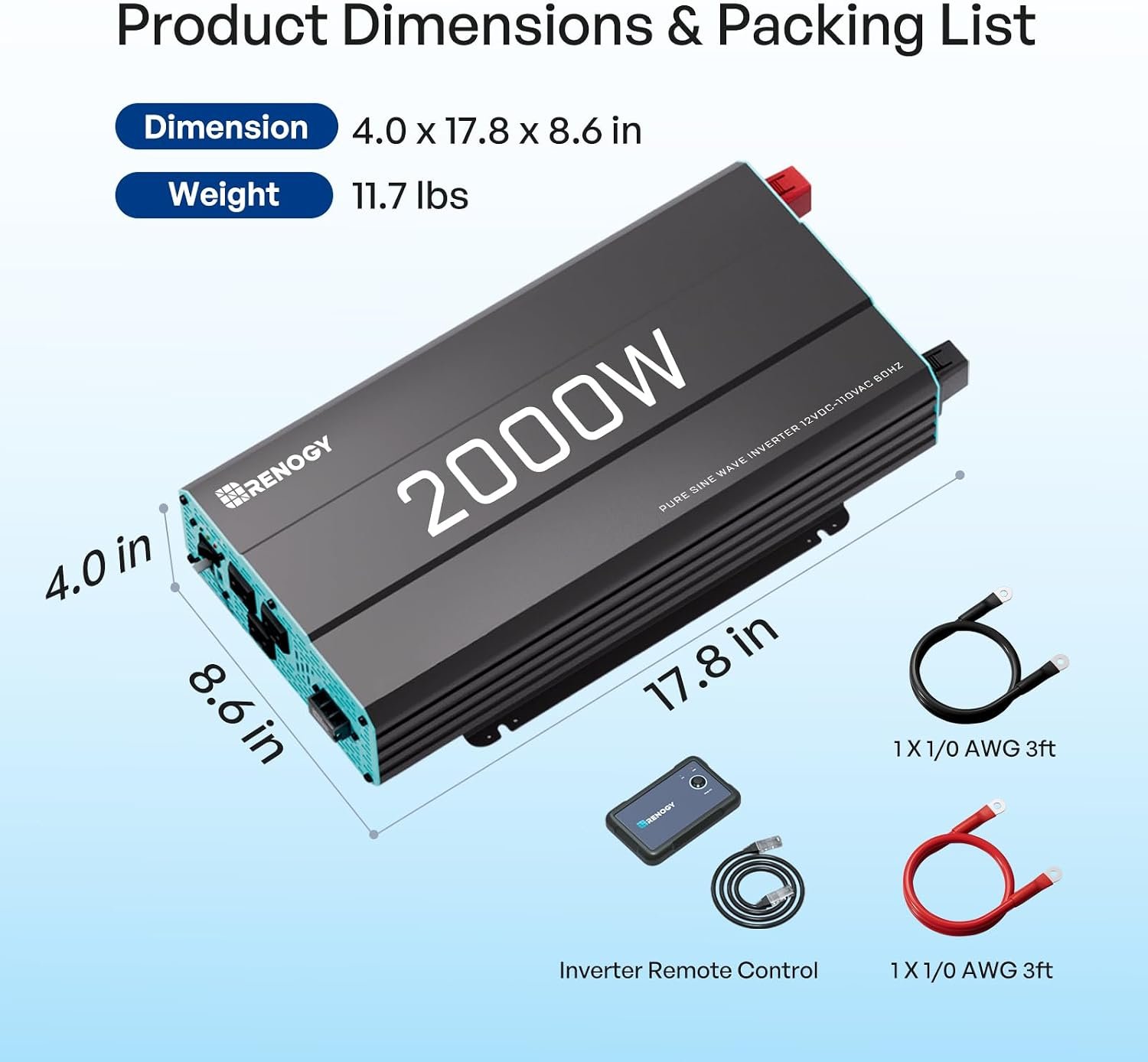 Renogy Inverter P2 2000W Pure Sine Wave Inverter 12V DC to 110V AC Converter, Off-Grid Solar Power Inverters for Vehicles, Truck, RV, Home, with Built-in 5V/2.1A USB/Hardwire Port, Remote Controller - Image 8