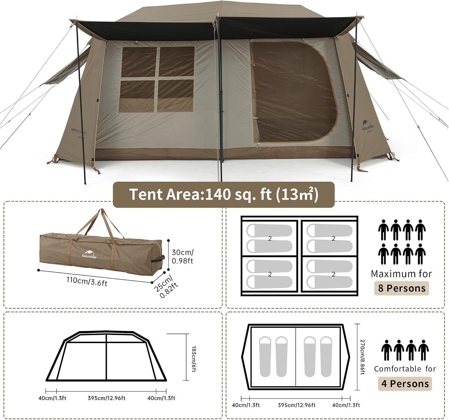 Naturehike Village Instant Tent, 4 Person 8 Person Camping Tent with Full Rainfly, Waterproof Large Cabin Tents for Car Camping - Image 5