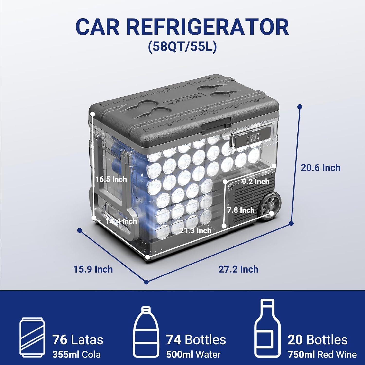 BODEGACOOLER 12 Volt Car Refrigerator,58QT(55L) Car Fridge with Wheels,RV Portable Freezer Single Zone,with APP Control,-4℉-68℉ Car Cooler,12/24V DC & 100-240V AC,for Travel,Camping,Outdoor,Vehicles - Image 5
