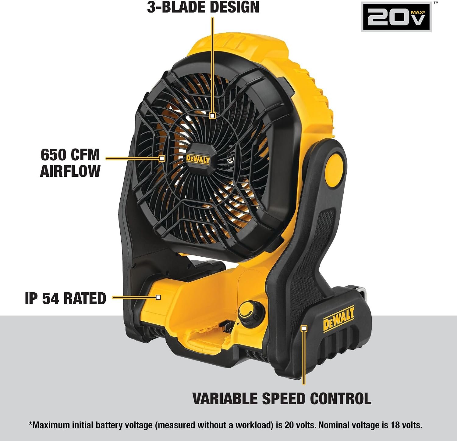 DEWALT 20V MAX Portable Fan, Battery Powered Rechargeable Cordless Shop Fan, Up to 4.5 Hrs Runtime, Variable Speed, 650 CFM, Tool Only (DCE512B) - Image 2