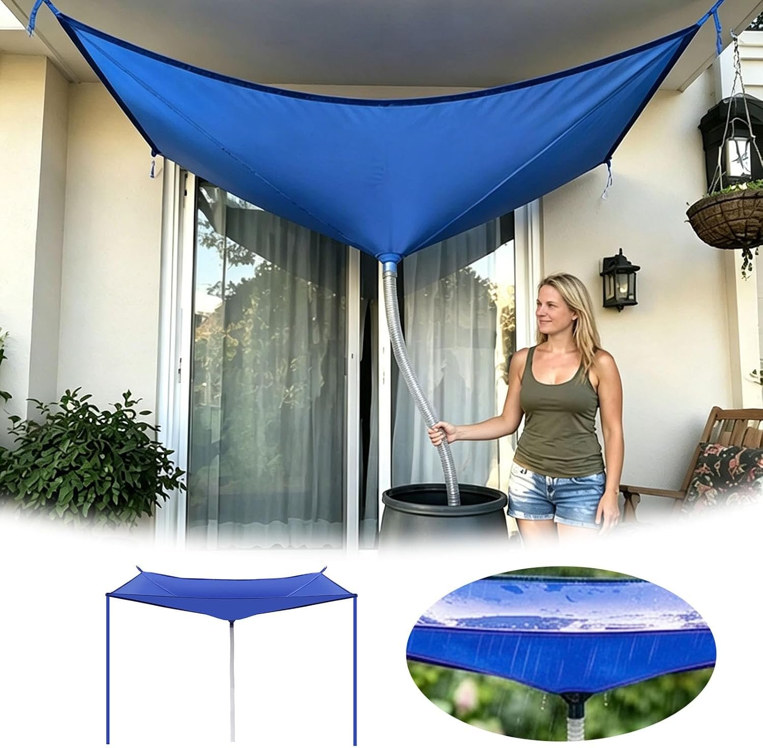 Rainwater Collection System with Hose Rain Catcher Reusable Roof Drain Fitting Tarp Water Diverter, for Lawn Outdoor Backyard Garden Balcony Camping Greenhouse (Blue) - Image 6