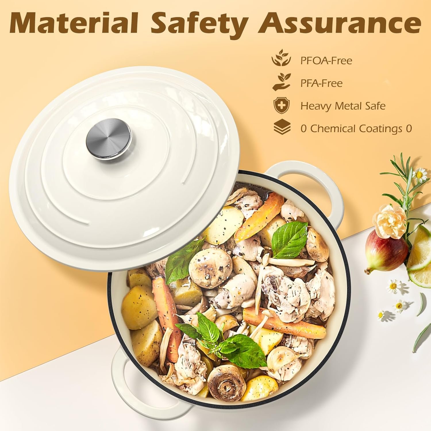 Enameled Cast Iron Dutch Oven - Umite Chef 5QT Pot with Lid & Cotton Potholders - Heavy-Duty Cookware for Bread Baking, Braising, Stews, Roasting(Cream White) - Image 6