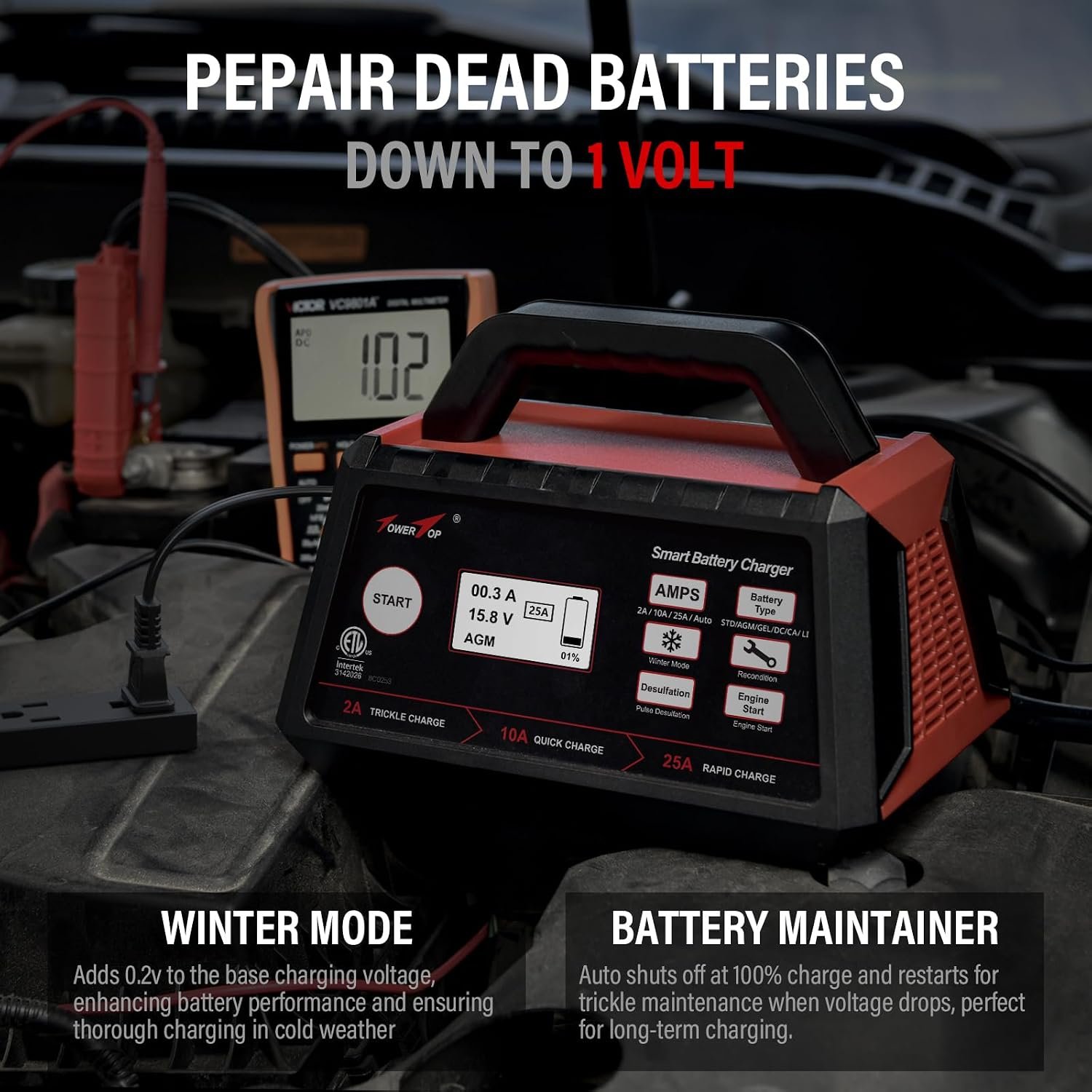 TowerTop 2/10/25 Amp 12V Smart Car Battery Charger, Fully Automatic Battery Maintainer with Engine Start, Auto Desulfator, Battery Repair, Winter Mode, for AGM, STD, Gel, Deep Cycle Batteries - Image 4