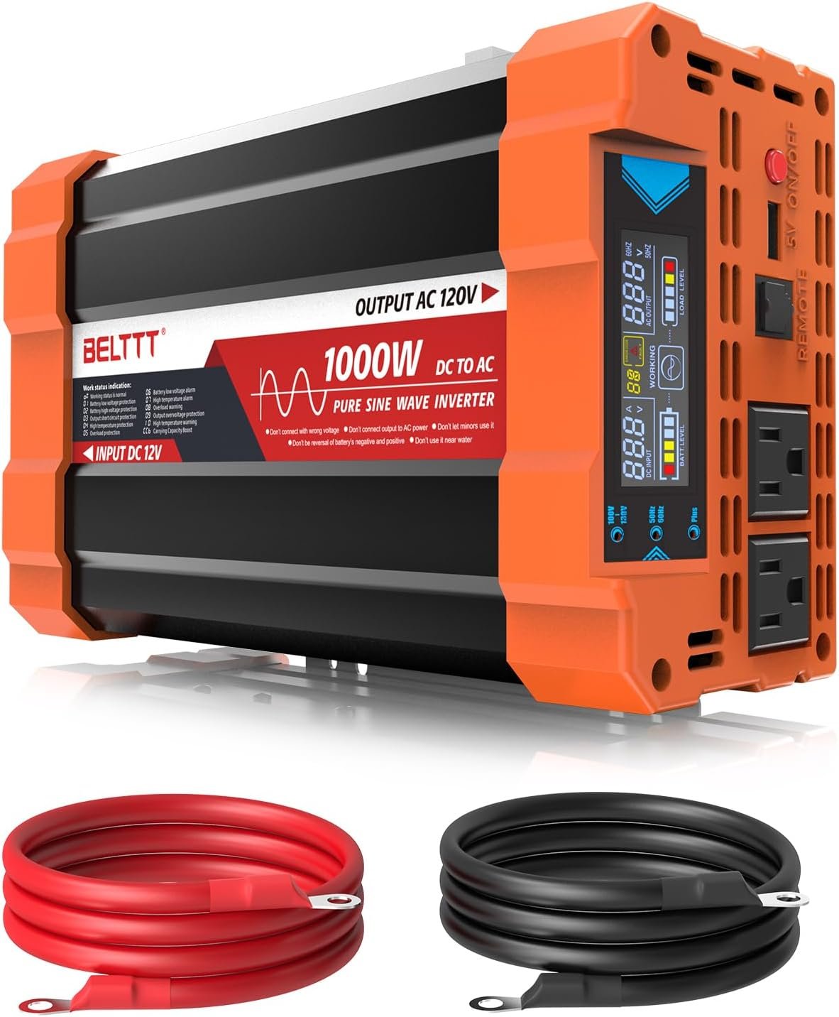 BELTTT 1000Watt Pure Sine Wave Inverter 12V DC to 120V AC, 2000W Peak