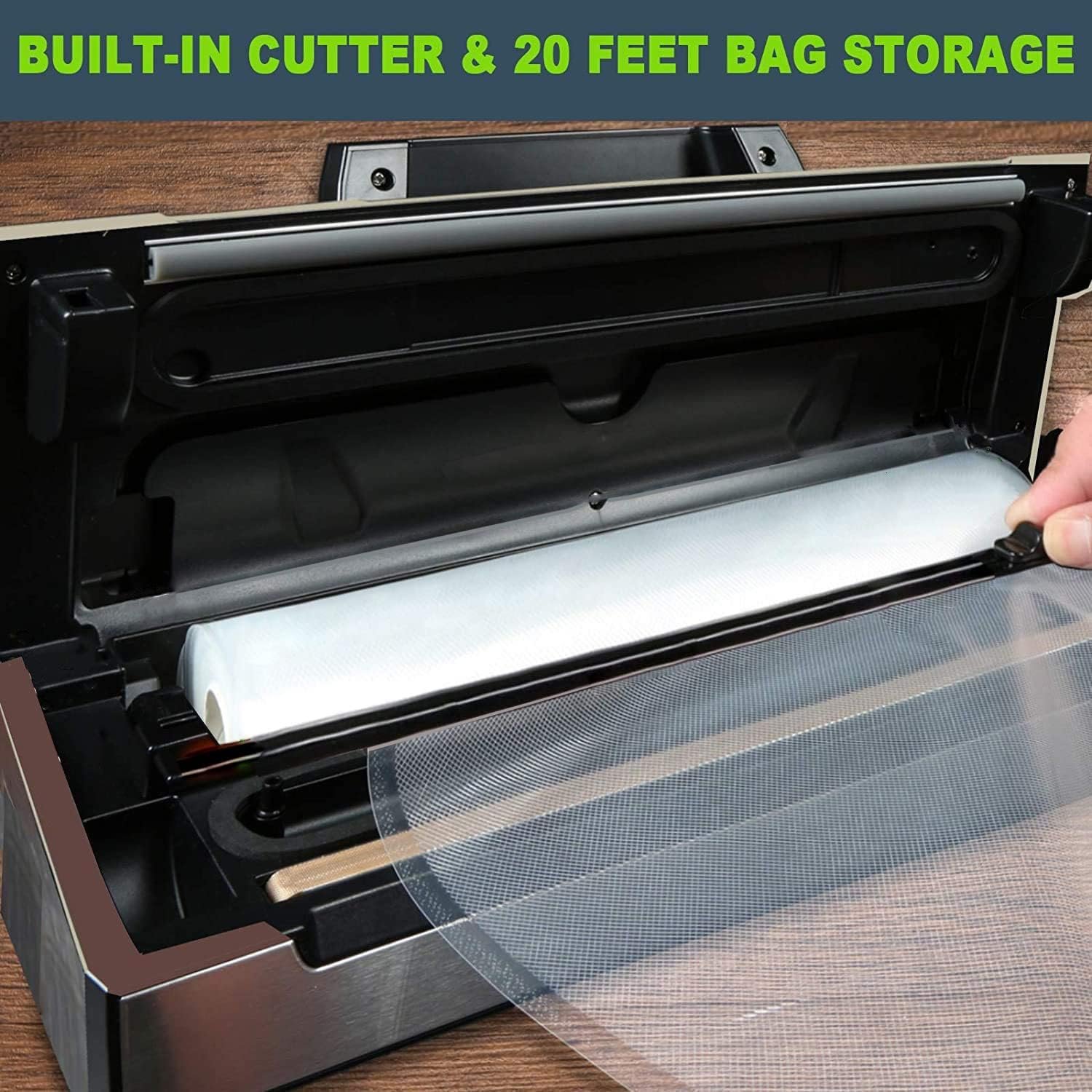 Potane Precision Vacuum Machine,Pro Food Sealer with Built-in Cutter and Bag Storage(Up to 20 Feet Length), Both Auto Manual Options,2 Modes,Includes 2 Bag Rolls 11”x16’ and 8”x16’,Compact Design - Image 2