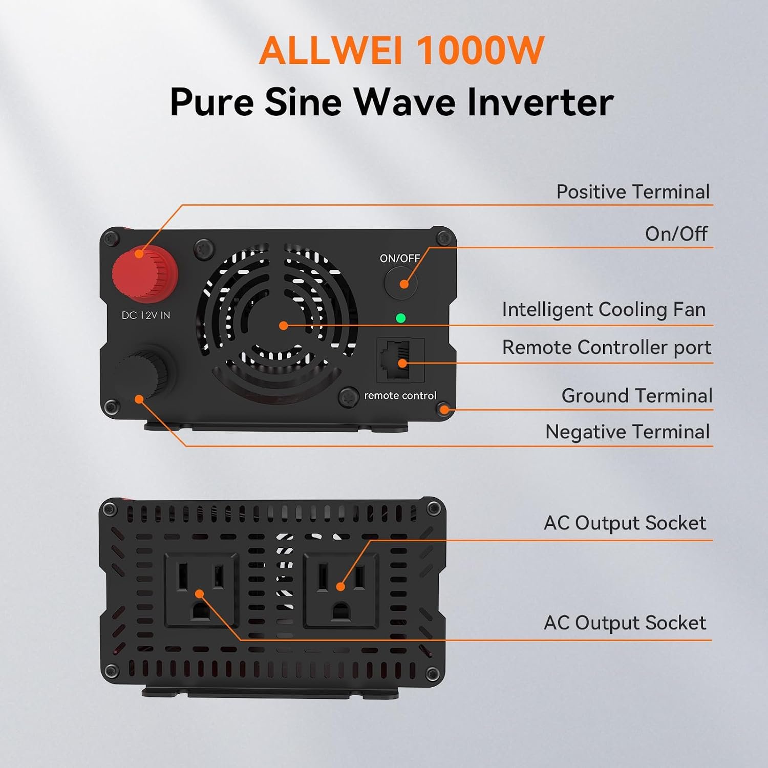 ALLWEI 1000W Pure Sine Wave Inverter, 12V DC to 120V AC Converter - Image 6