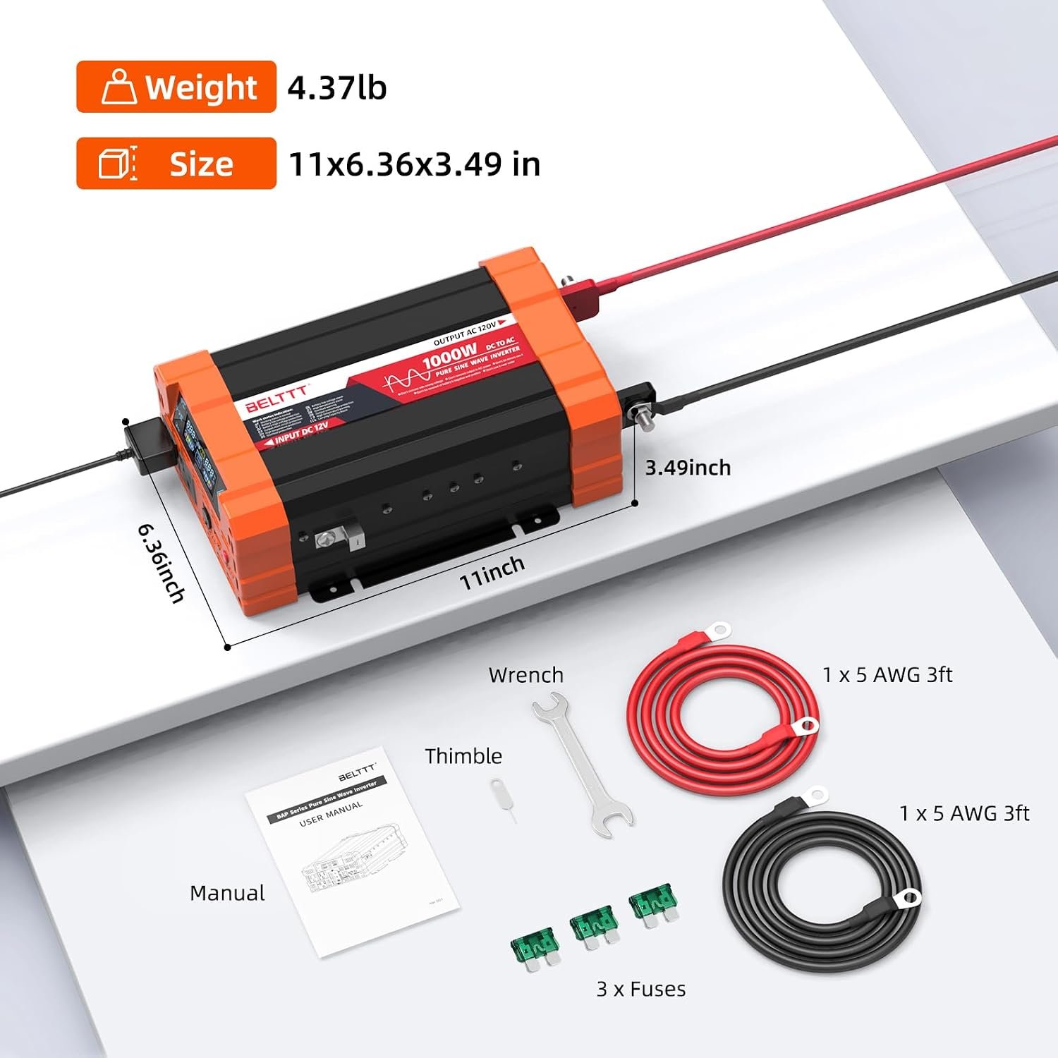 BELTTT 1000Watt Pure Sine Wave Inverter 12V DC to 120V AC, 2000W Peak - Image 6