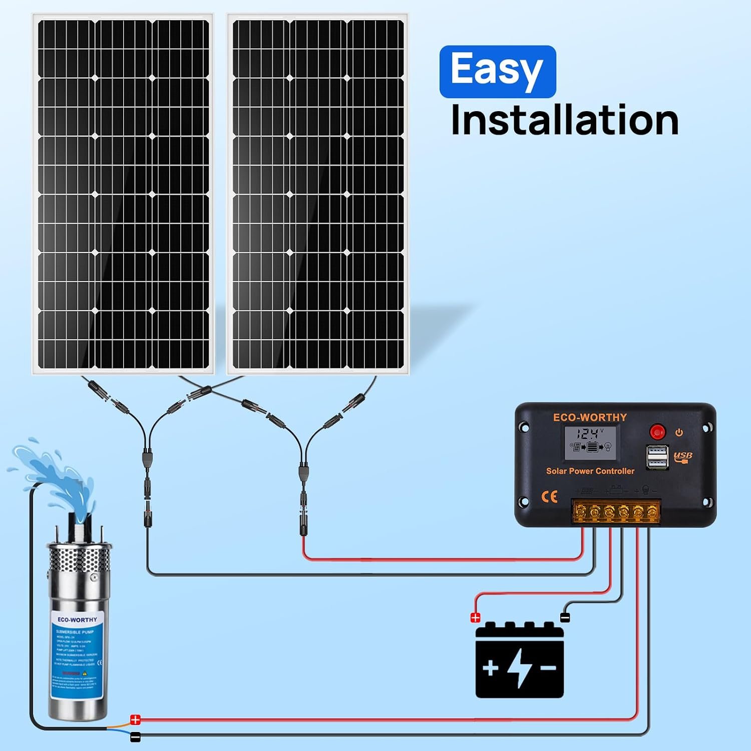 ECO-WORTHY 200W Solar Well Pump Kit, 12V Stainless Steel Deep Well Solar Pump, 2pcs Solar Panels with Controller and Cable for Off-grid Living, Irrigation, Farm, Delivered in Multiple Packages - Image 6