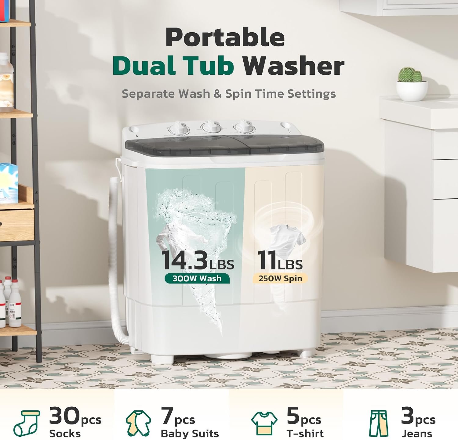 Greenvelly Portable Washing Machine, 25lbs Twin Tub Washer and Spinner Combo, Semi‑Automatic 14.3lbs Wash & 11lbs Spin Mini Compact Laundry Machine for Dorms, Apartments, RVs, Camping (White & Grey) - Image 3