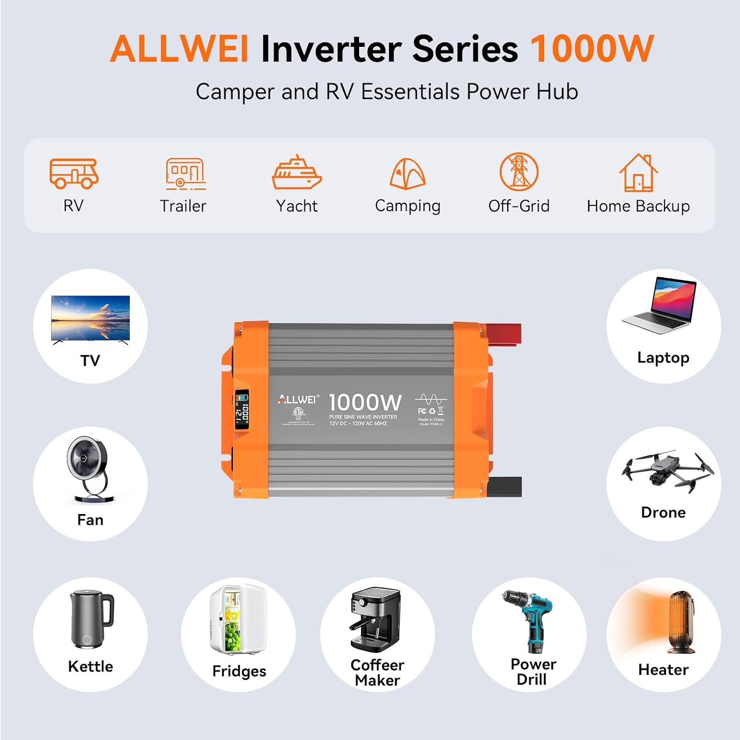 1000W Pure Sine Wave Power Inverter 12V DC to 120V AC, ETL Listed to UL 458 - Image 2