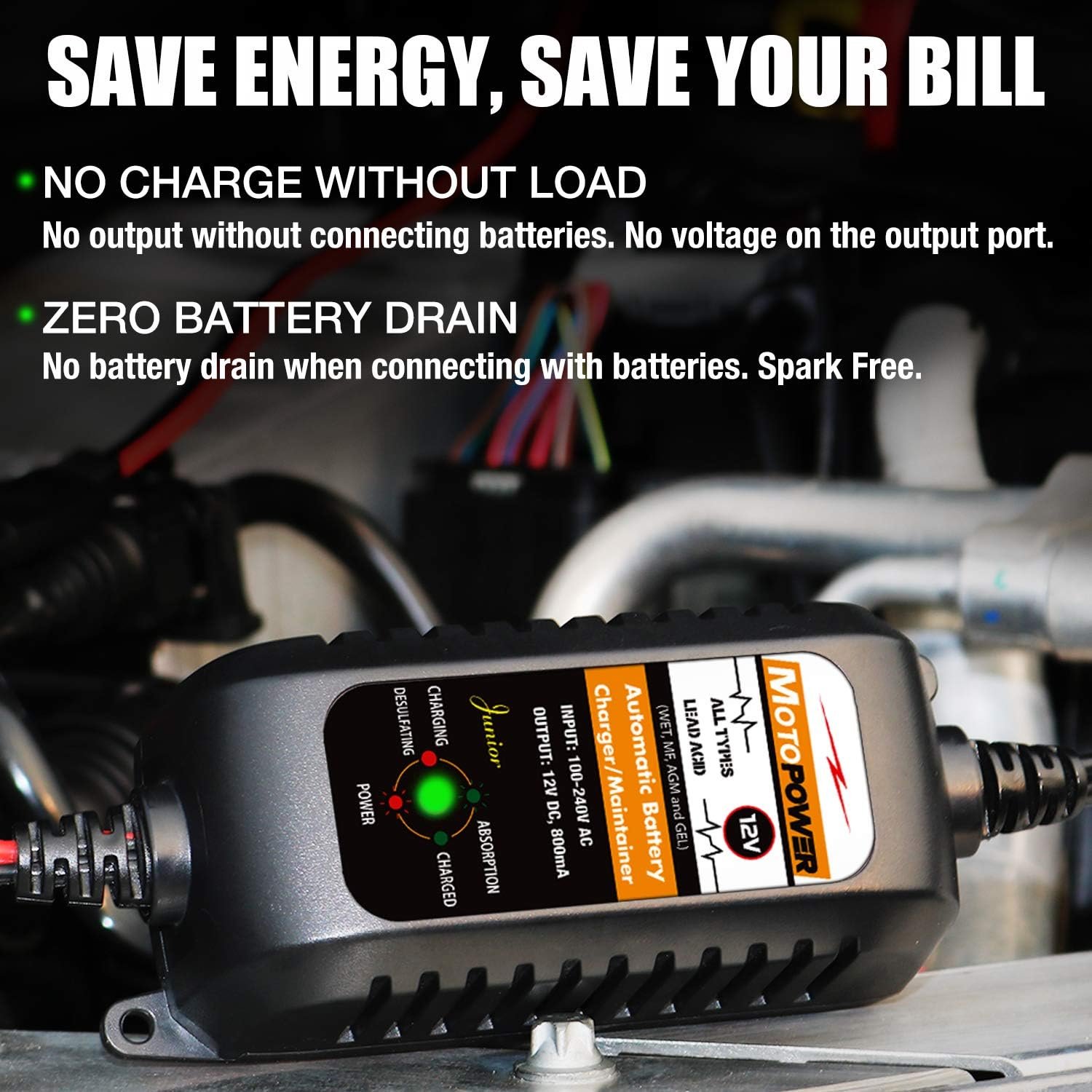 MOTOPOWER MP00205A 12V 800mA Automatic Battery Charger, Maintainer, Trickle and Desulfator - Image 4