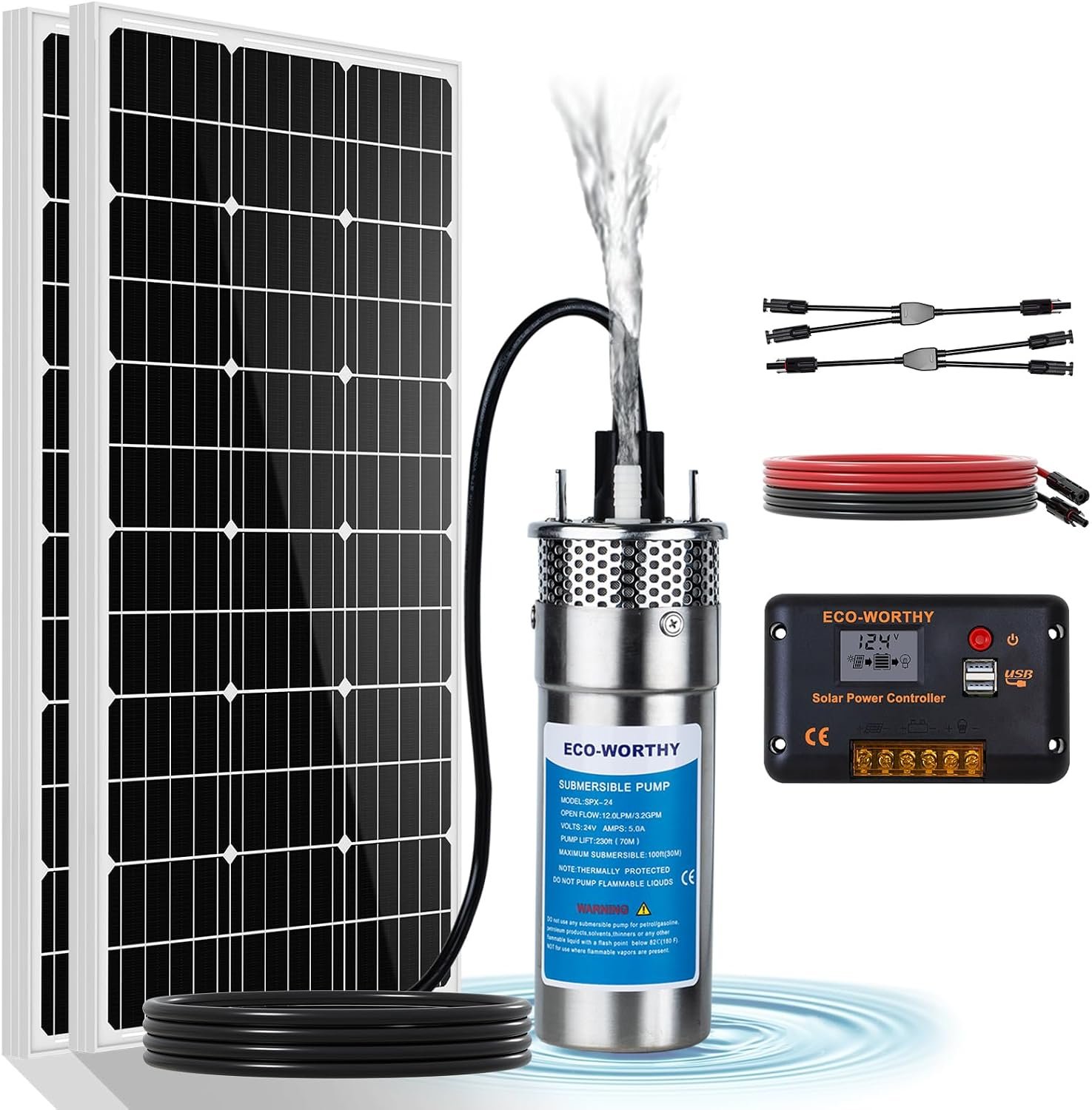 ECO-WORTHY 200W Solar Well Pump Kit, 12V Stainless Steel Deep Well Solar Pump, 2pcs Solar Panels with Controller and Cable for Off-grid Living, Irrigation, Farm, Delivered in Multiple Packages