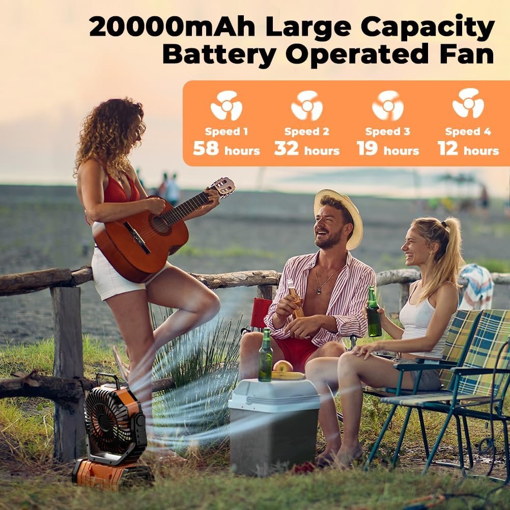 Camping Fan - 20000mAh Battery Powered Fan Rechargeable with LED Lantern - Portable Outdoor Tent Fans with Hanging Hook 4 Speeds Wind Remote Control, Black and Orange - Image 4