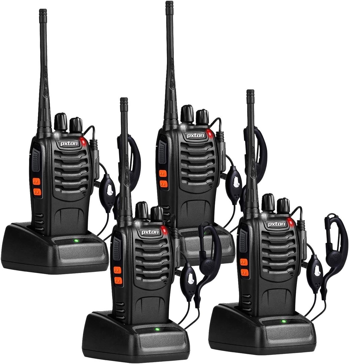 pxton Walkie Talkies Long Range for Adults with Earpieces,16 Channel Walky Talky Rechargeable Handheld Two Way Radios with Flashlight Li-ion Battery and Charger(4 Pack)