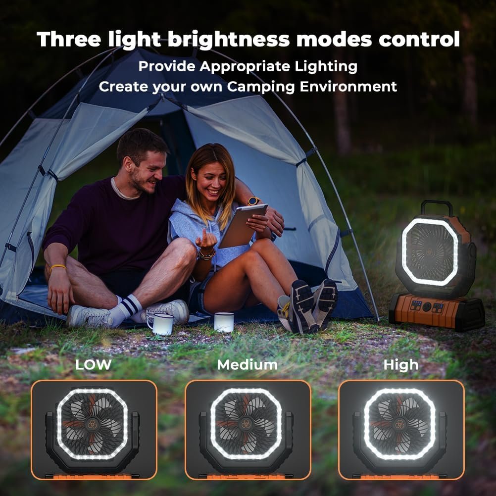 Camping Fan - 20000mAh Battery Powered Fan Rechargeable with LED Lantern - Portable Outdoor Tent Fans with Hanging Hook 4 Speeds Wind Remote Control, Black and Orange - Image 5